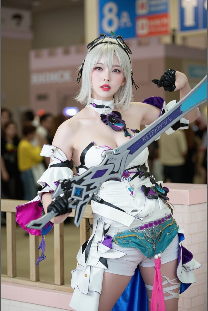 arafed girl in a purple outfit holding a sword and a bottle, cosplayer, ornate cosplay, anime cosplay, black and violet costume, cosplay, anime girl cosplay, vi from arcane, v from devil may cry as an elf, as a mystical valkyrie, from lineage 2, professional cosplay, seraphine ahri kda, glamourous cosplay