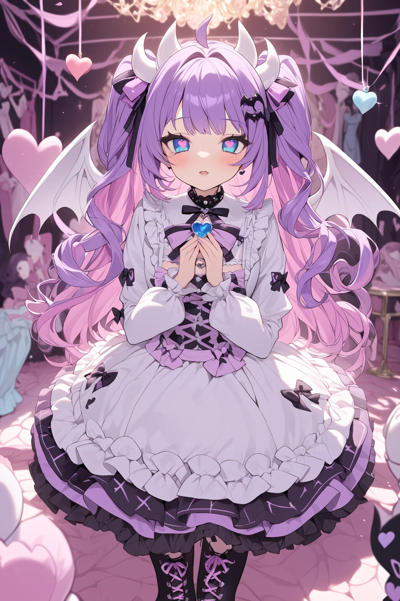The girl is a devil/ pastel goth. She has long curly puffy purple hair with pink highlights with many white bow-hairpins. She has a bat wings ears. She has navi blue eyes with hearts-shape pupils.  She has long white horns with pink ribbons. white webbed wings on the back and a white devil's tail with a little pink bow on it's tip.  She is wearing a pink-white ta pastel goth dress with ribbons and bows with long puffy sleeves that hide her palms. She has a puffy collar with a red ribbon and a blue gemstone on her chest. She has long legs dressed in pink lace-up boots and white  with bows.  She is walking around in a pink-black gothic room among mannequins decorated with purple ribbons.