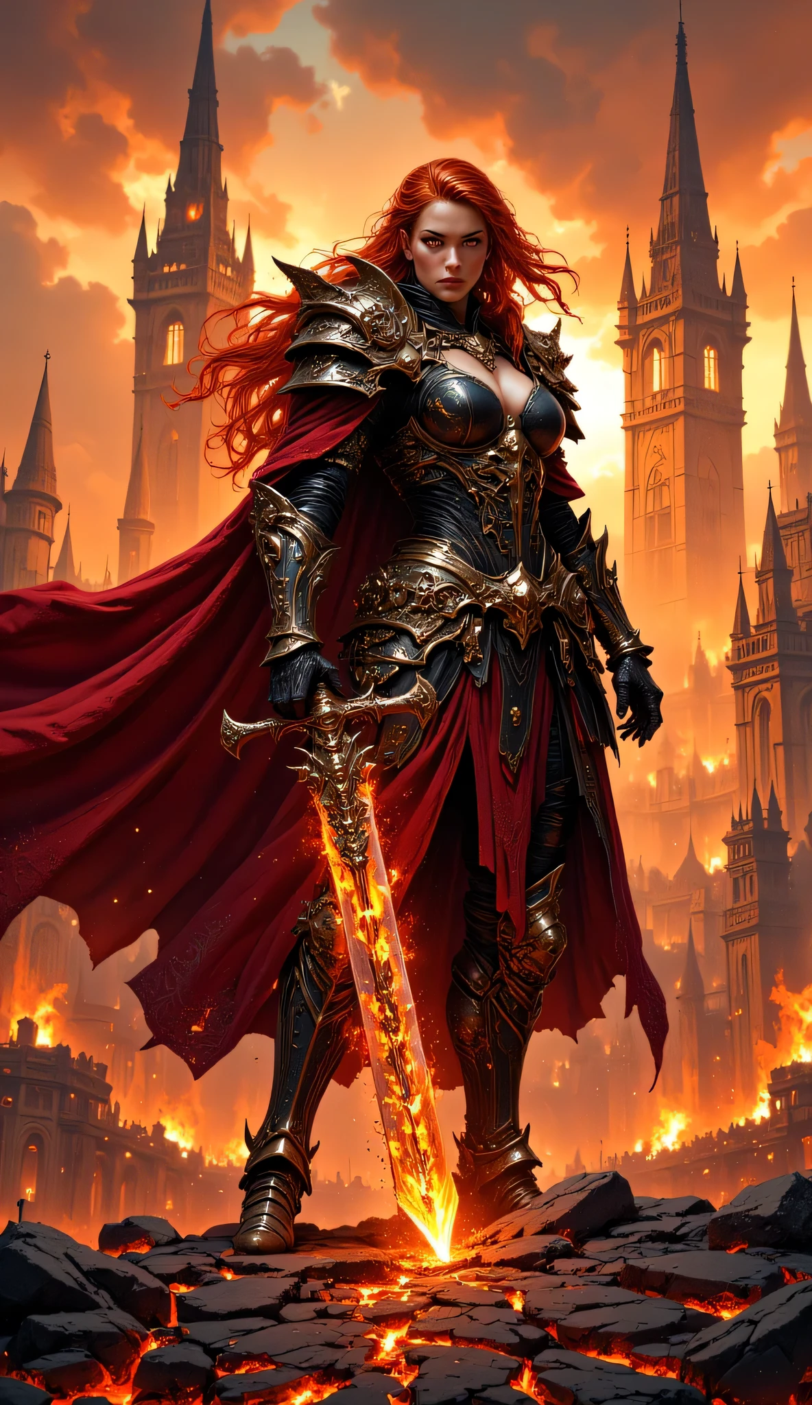 A fierce red-haired female warrior stands in the ruins of a medieval city engulfed in flames. She wears ornate black and gold armor with intricate engravings, shoulder plates, and a flowing red cape that flutters in the wind. Her piercing gaze exudes strength and determination. She wields a massive two-handed sword with a molten core, glowing with fiery energy, and its blade radiates heat and sparks. The background features towering gothic-style castles silhouetted against a burning orange sky, with clouds of smoke and embers in the air. The ground is cracked and covered in molten lava, enhancing the apocalyptic atmosphere. The lighting casts dramatic highlights and deep shadows, emphasizing her battle-worn yet regal presence. Cinematic composition, hyper-detailed, high contrast, fantasy concept art.