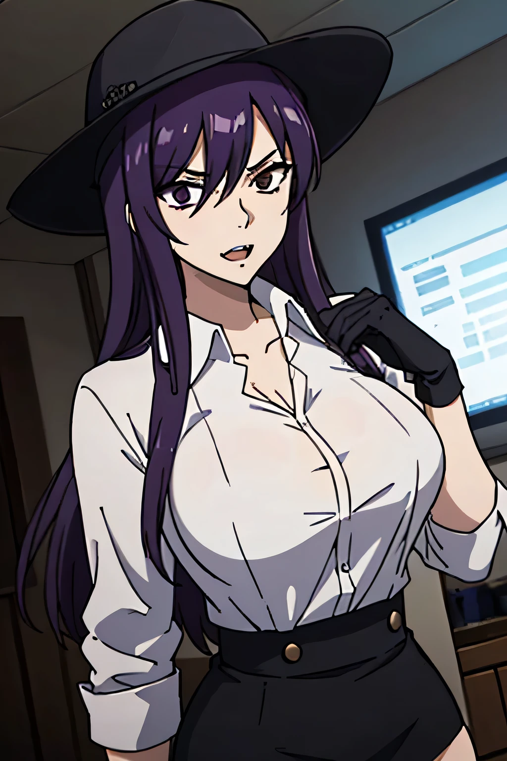 27 year old woman, tall and big body, wearing white shirt, wearing black short skirt, wearing black cartwheel hat, purple hair color, has fangs, criminal, sexy, two buttons of shirt open, psychopath, wearing black gloves