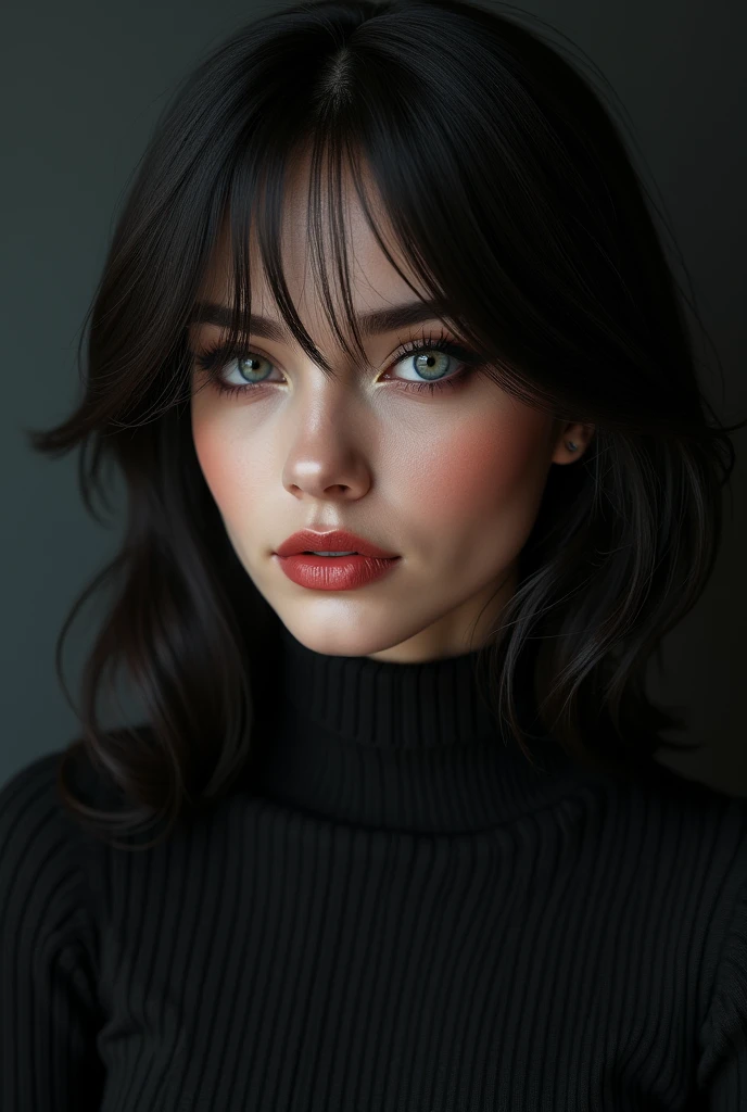 a girl, ,tall,blushing cheeks,daring look,green eyes,shoulder length dark brown hair,beautiful black dress,elegant bearing,high quality,detailed face,detailed eyes,detailed lips,beautiful detailed eyes,beautiful detailed lips,extremely detailed eyes and face,long eyelashes,portrait,photorealistic,photo-realistic:1.37,(best quality,4k,8k,highres,masterpiece:1.2),ultra-detailed,(realistic,photorealistic,photo-realistic:1.37),HDR,UHD,studio lighting,ultra-fine painting,sharp focus,physically-based rendering,extreme detail description,professional,vivid colors,bokeh