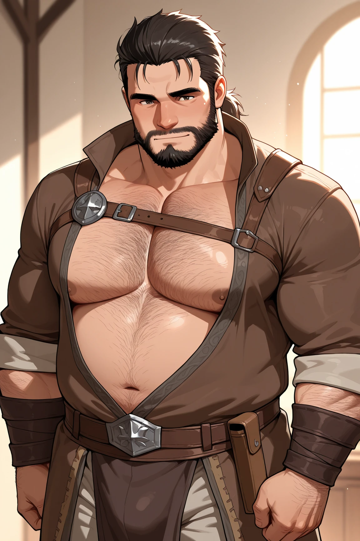 Obra-prima, melhor qualidade, ultra-detalhado, 1 homem, solo, chunk, bara, atleta, musculoso, cabelo preto, barba preta, barba no queixo, bigode, tem um homem com barba e sem camisa, chest on display, peludo, atraente homem corpulento, personagem musculoso, homem robusto, bonito, arte de personagem masculino humano, arte de personagem oficial, design de personagem masculino, like a titan, muscular male hero, personagem masculino, blair armitage, mid scene of a handsome guy, corpo suado, mostrando pernas