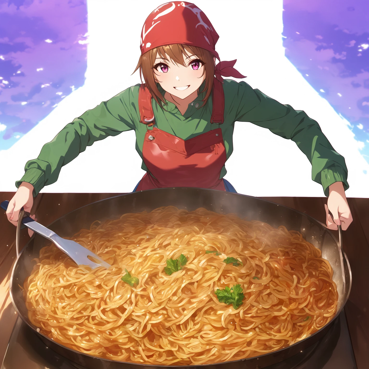 masterpiece, best quality, amazing quality, very aesthetic, high resolution, ultra-detailed, absurdres, newest, scenery, depth of field, shiny skin, anime, 1girl, Standing behind the large iron plate, bandana, smiling, fried noodles, vegetables, holding flippers both hands, detailed background