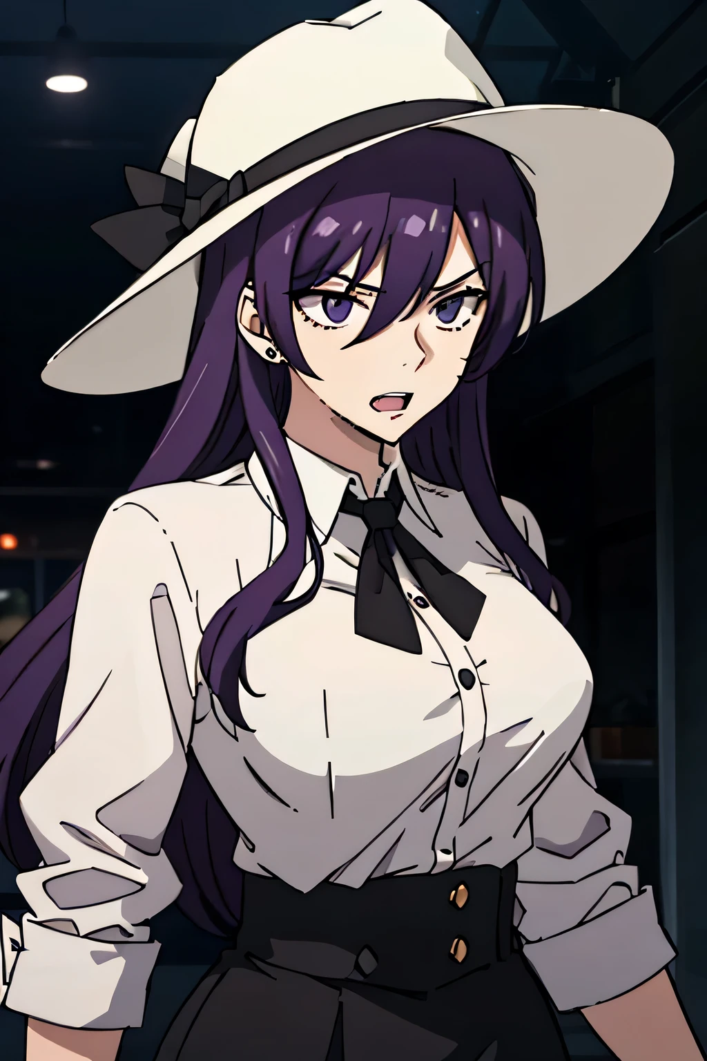 27 year old woman, tall and big body, wearing white shirt, wearing black short skirt, wearing black cartwheel hat, purple hair color, has fangs, criminal, sexy, two buttons of shirt open, psychopath, wearing black gloves