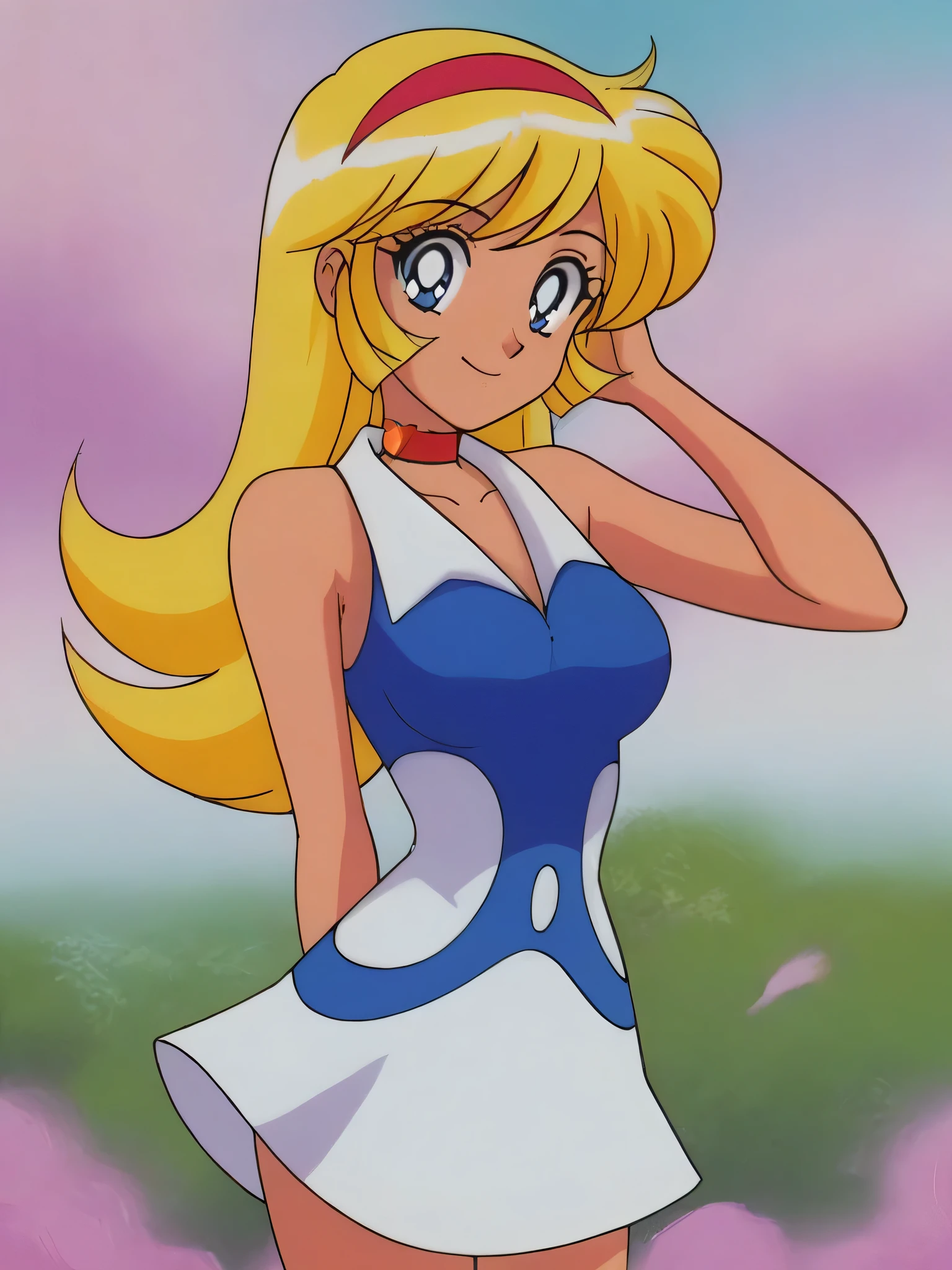 masterpiece,best quality,very aesthetic,highres, KisaragiHoney, 1girl, solo, blonde hair, long hair, blue eyes, medium breasts, hairband,choker, dress, blue dress, collared dress, sleeveless, sleeveless dress,outdoor,looking at viewer,standing,hand in own hair,bust up shot,arm behind back,retro artstyle, anime coloring,