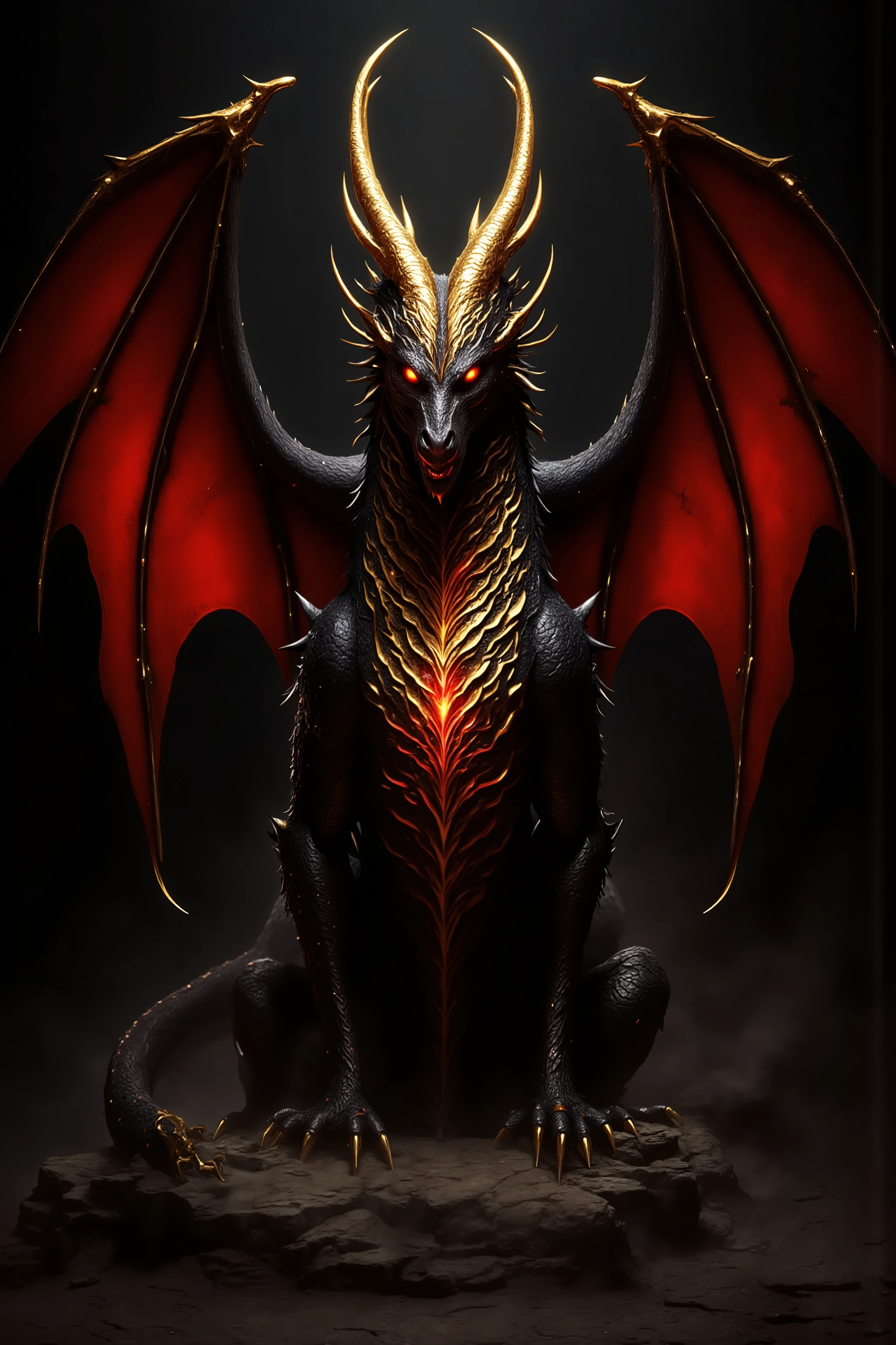 a black dragon, with golden scales, crown of gold and blood gems, poker cards, and skulls on the floor, behind a galaxy of red stars with gold