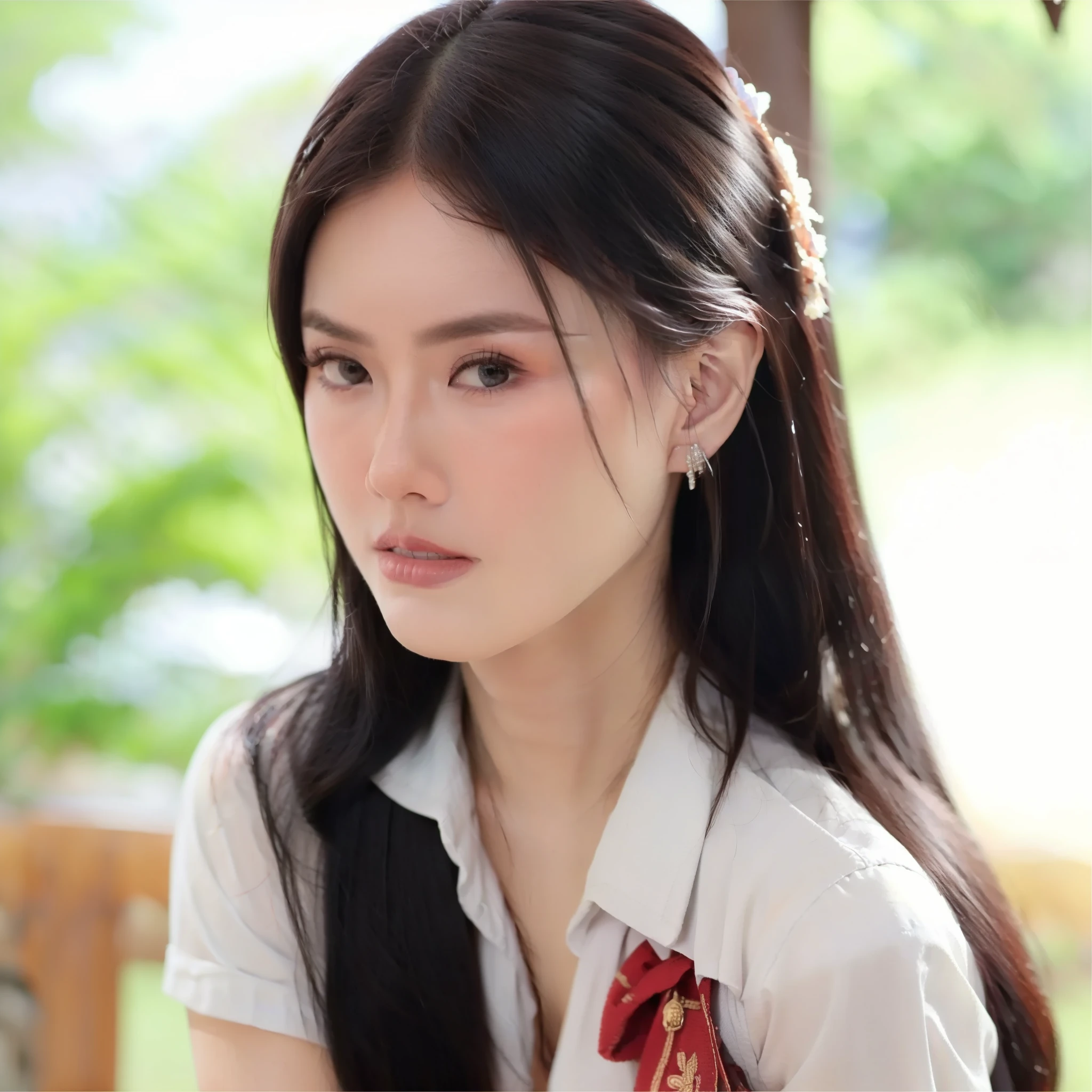 1girl, solo, 19 years old, (uniform), sits on something, detailed Metropolitan city at the background, portrait, thick , semi-curvy body, smooth realistic skin, cute smirk, white shirt, grey blue short skirt, looking at the audience, high angle shot,(8k, RAW photo, best quality, masterpiece: 1.3), (realistic, realistic: 1.37), ultra-high resolution, cowboy shot