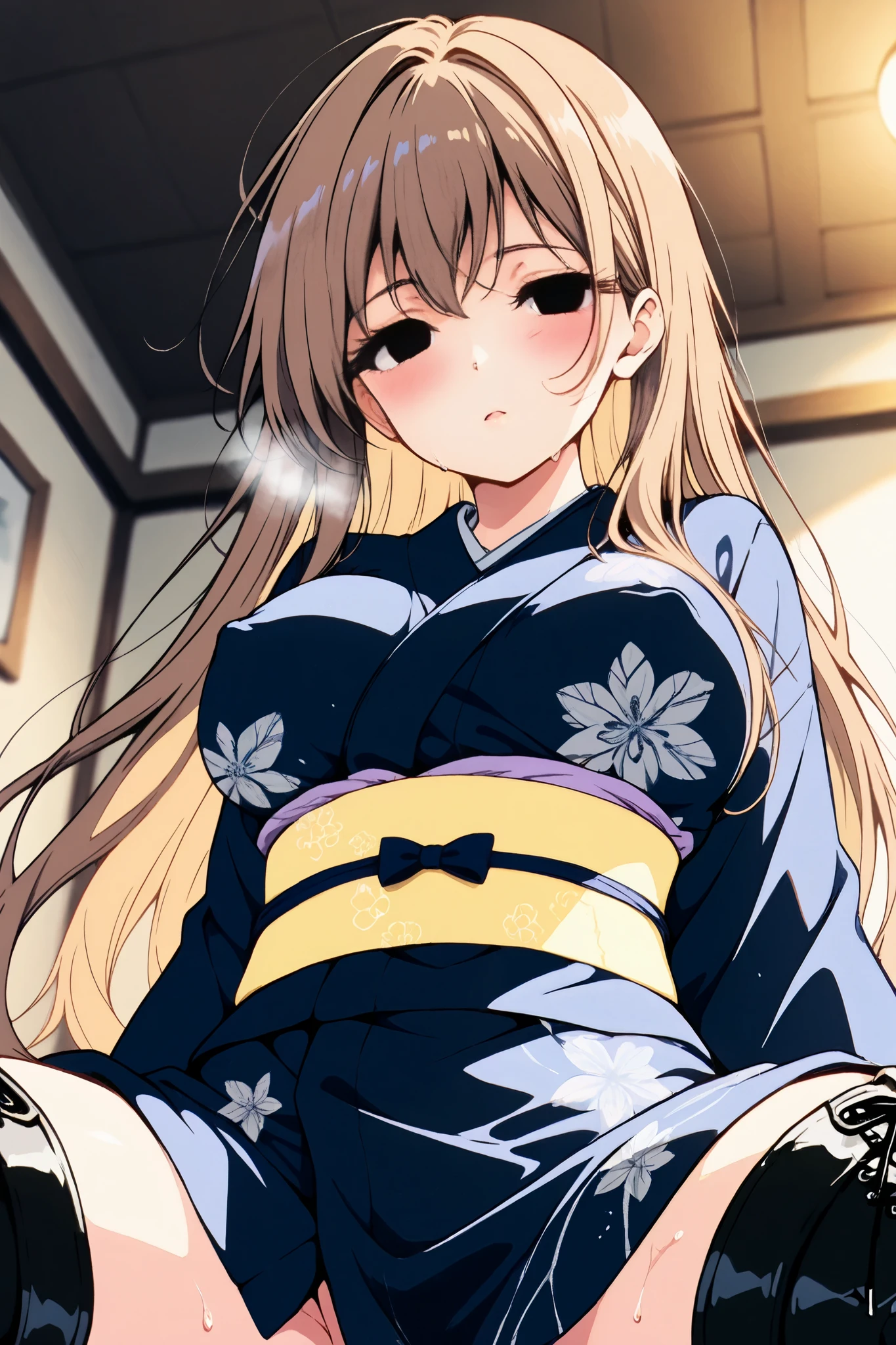 reia_kosu,1 female,solo,beautiful,
yuki_mori,
light brown hair,flowing hair,long hair,
colored inner hair,
black eyes,big eyes,slant eyes,sleepy eyes,
long eyelashes,
extreme close-up under the chest,
low angle,
sitting,cowboy_shot,spread legs,
large breast,nipple,
looking at viewer,dutch angle,
blush,sweat,white breath,
Incontinence,ecstasy,orgasm,climax,
feeling sexual pleasure,intense breathing,
yukata(1.3),japanese clothes,
white panty,
black lace up boots,thigh-high boots,
dirty panty,
perfect face,beautiful skin,
anatomically correct,
masterpiece,highest quality,
high resolution,high definition,
ultra-detailed,anime,blurred background,
indoors,on bed,bed room