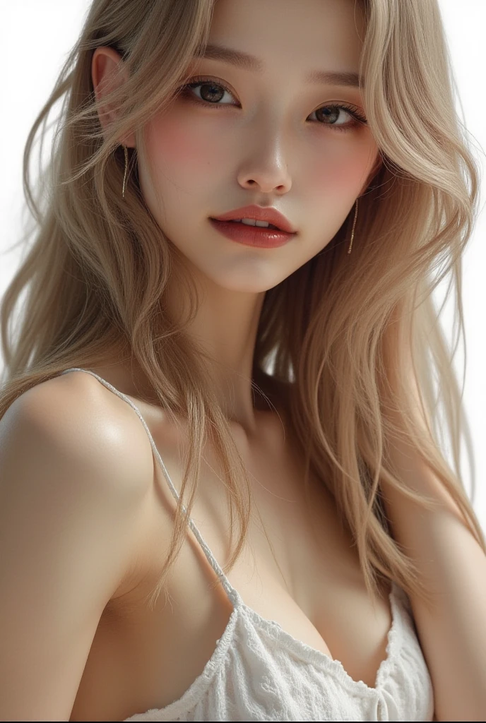 Girl wearing, luxury orange coat, shoulder length hair, wavy hair, glowing skin, star in eye, red lips, grey  background, cute poses , upper body, light blonde hair, naked middle body, showing big breast, belly button, front view opening coat,