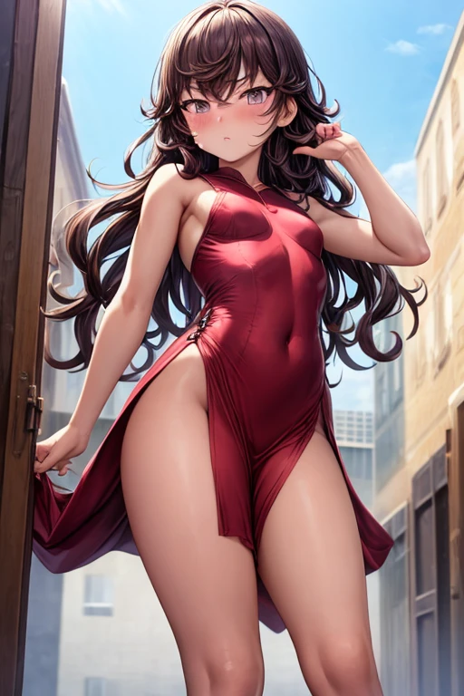 ddlcmonika, blunt bangs, brown hair, (green eyes:1.5), long hair, ponytail, ribbon, white ribbon, hair ribbon, sidelocks,, 1girl, solo, an image of a woman wearing a pink dress and posing for a photo on inst, sexy gown, beautiful silky dress, wearing an evening gown, strapless dress, elegant dress, gown, wearing long gown, revealing stylish dress, wearing an elegant dress, dressed in a pink dress, flowing dress, stunning dress, elegence, stunning elegant, sexy dress, wearing a magnificent dress, extravagant dress, soft elegant gown, silk dress, satin