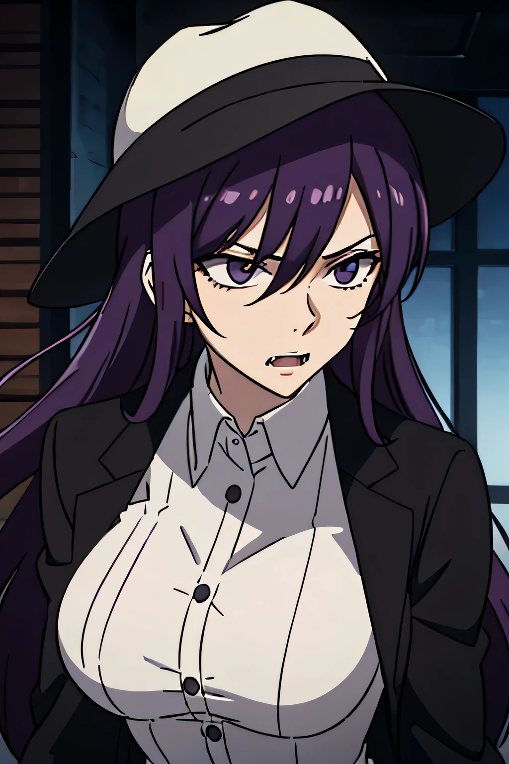 27 year old woman, tall and big body, wearing white shirt, wearing black short skirt, wearing black cartwheel hat, purple hair color, has fangs, criminal, sexy, two buttons of shirt open, psychopath, wearing black gloves, facing forward