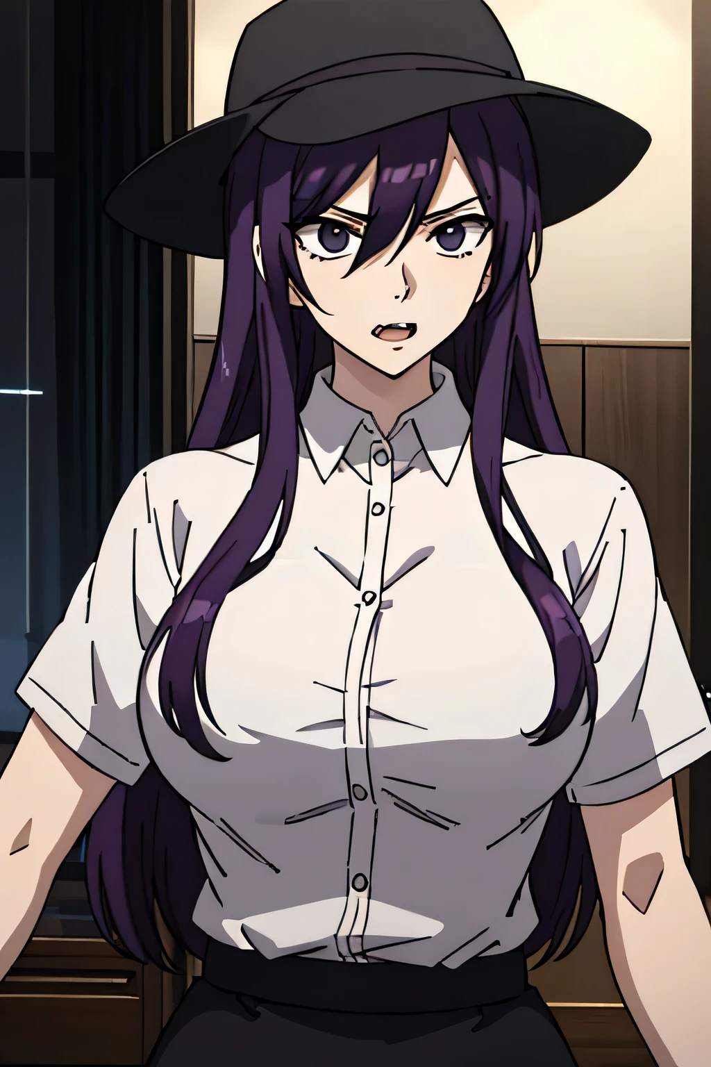 27 year old woman, tall and big body, wearing white shirt, wearing black short skirt, wearing black cartwheel hat, purple hair color, has fangs, criminal, sexy, two buttons of shirt open, psychopath, wearing black gloves, facing forward