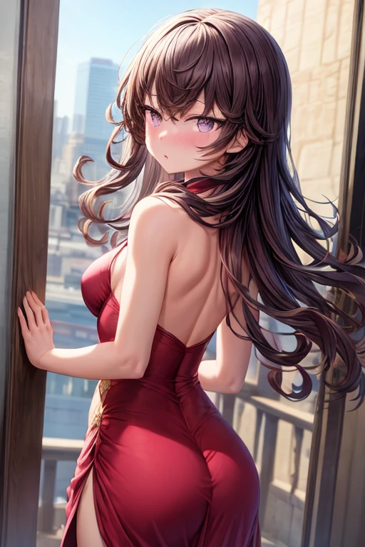 sksbrooke person, sksbrooke, (masterpiece:1.2), (best quality:1.2), perfect eyes, perfect face, 1girl, solo, brown eyes, (medium breasts), perky breasts, seductive look, red sexy virgin killer sweater dress, porch, back view, looking over shoulder