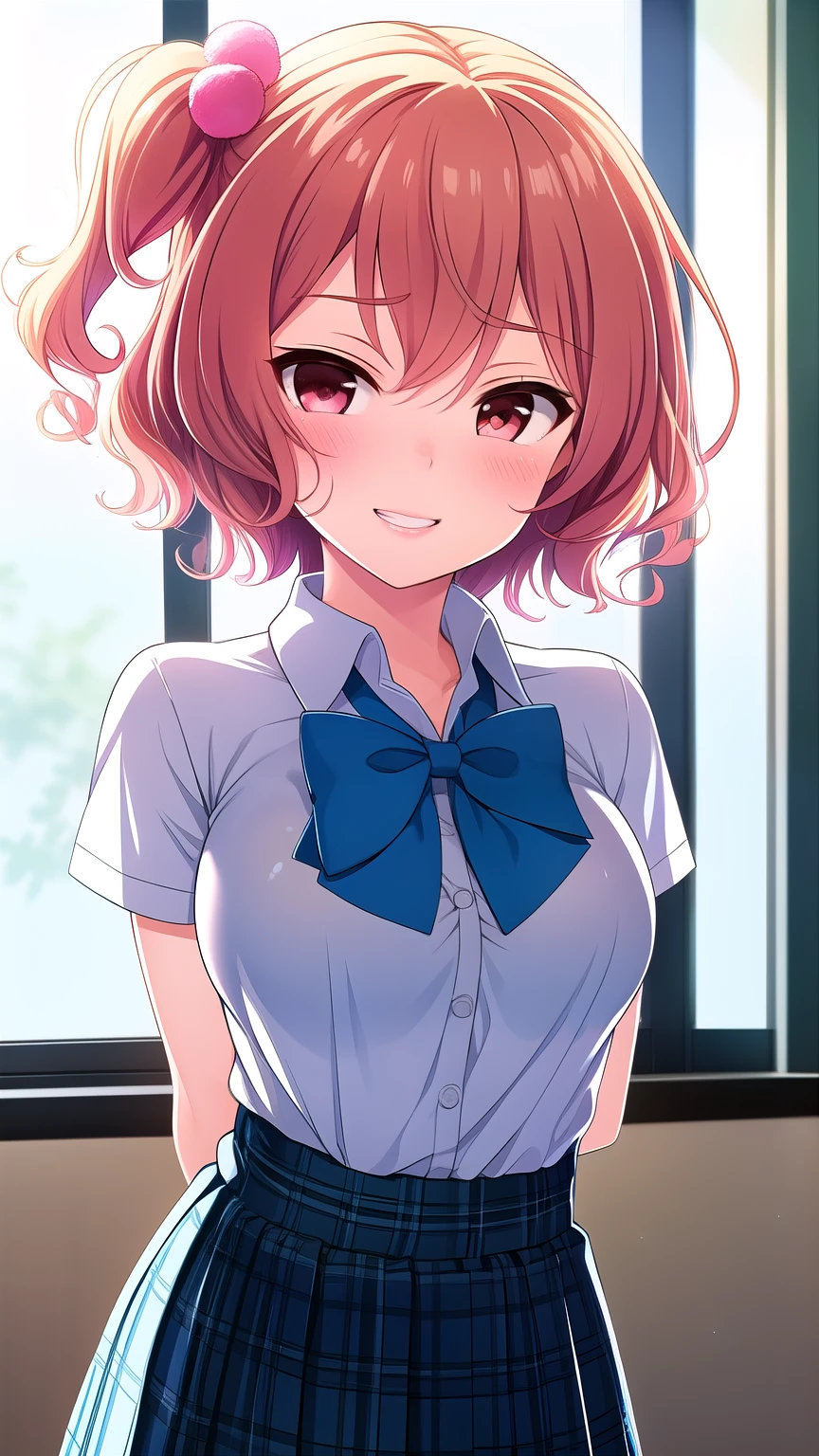 ( masterpiece, top quality), very detailed background, perfect lighting, top quality, (Face close-up angle:1.3), (arms behind back:1.6), Tomura Michiru, Alone, indoors, school classroom from below, orange hair, One side up, pink hair bobble, hair between their eyes, short hair, red eyes, medium boobs, (Blue Bowtie:1.3), white shirt, Short sleeve, blue skirt, plaid skirt、white thin thighs,、pussy sticking out, Glossy、 school uniform, grinning、blush, pink lips,