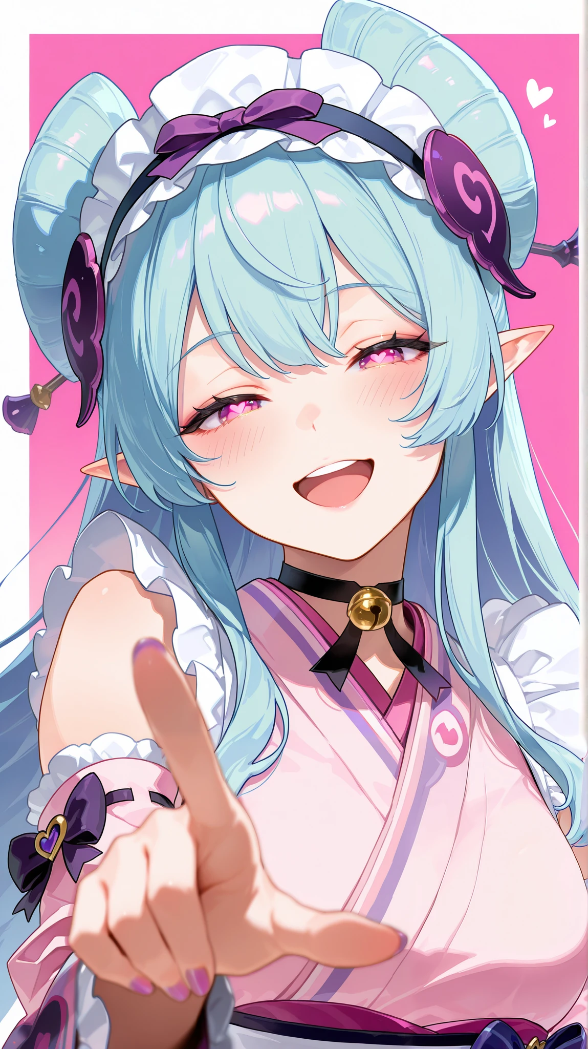 masterpiece, top quality, best quality, official art, beautiful and aesthetic:1.2),(8k, best quality, masterpiece:1.2), (((masterpiece))),(((best quality))),(((extremely detailed))), illustration, who, (masterpiece, top quality, best quality, official art, beautiful and aesthetic:1.2),(8k, best quality, masterpiece:1.2), 1girl, yumemizuki mizuki, purple eyes, blue hair, hairband,pointy ears, frilled hairband, 1girl, solo, heart, pointy ears, smile, looking at viewer, long hair, blue hair, blush, maid headdress, open mouth, purple nails, bow, teeth, upper teeth only, border, symbol-shaped pupils, purple bow, kimono, nail polish, japanese clothes, upper body, pink kimono, pointing, maid, frills, purple eyes, black choker, white border, choker, heart-shaped pupils, hair bun, pink eyes, blurry, simple background, :d, pointing at viewer, blurry foreground, outside border, bell, half-closed eyes, depth of field, head tilt, wa maid, fingernails, detached sleeves, apron, hair ornament, sleeveless kimono, pink background