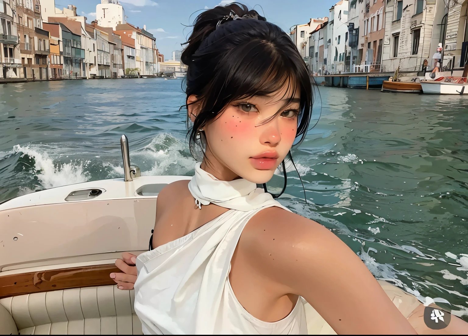 1 girl, beautiful, (black bob hair,) almond eye, no makeup, ,sparkling blue eyes, and olive skin. She stands tall in a red gown that reaches the floor, reflecting the sunlight off the yachts. A single pearl necklace adorns her neck. The scene takes place on a balcony overlooking the luxurious harbor of Monte Carlo with yachts docked against a backdrop of the iconic Casino de Monte-Carlo, resembling a grand castle.(very detailed:1.1), ((masterpiece)),summer, blue sky, palm trees,sunny,
