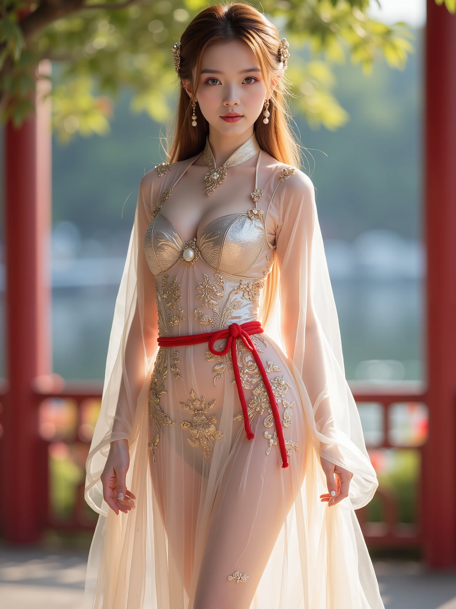 1 girl,Precise、perfect face shape:1.3,beautiful five fingers, small breasts,Small eyes,chinese clothes, Hanfu, reverse exchange,(Siamese Style Translucent Latex Dress),(On clothes,There's a pearl ),(Sparkling Golden Long Hair Princess Aged 19 Tall 170 Proportion 32 20 33 ),, she is strolling at the holiday pavilion by the water,(, she had a red rope tied all over her figure, with a rope tied at the back of her hand.) , (She was wearing a transparent silver latex Chinese New Year dress over a rope.),(earrings, hair clip, Metal Collar ,thigh bands,Metal Bondage high heels ),(shibari ,shibari under clothes), tears,Looking at the camera with a poor posture, The background features a tree, colorful flowers, a crescent moon.,Seen from head to toe