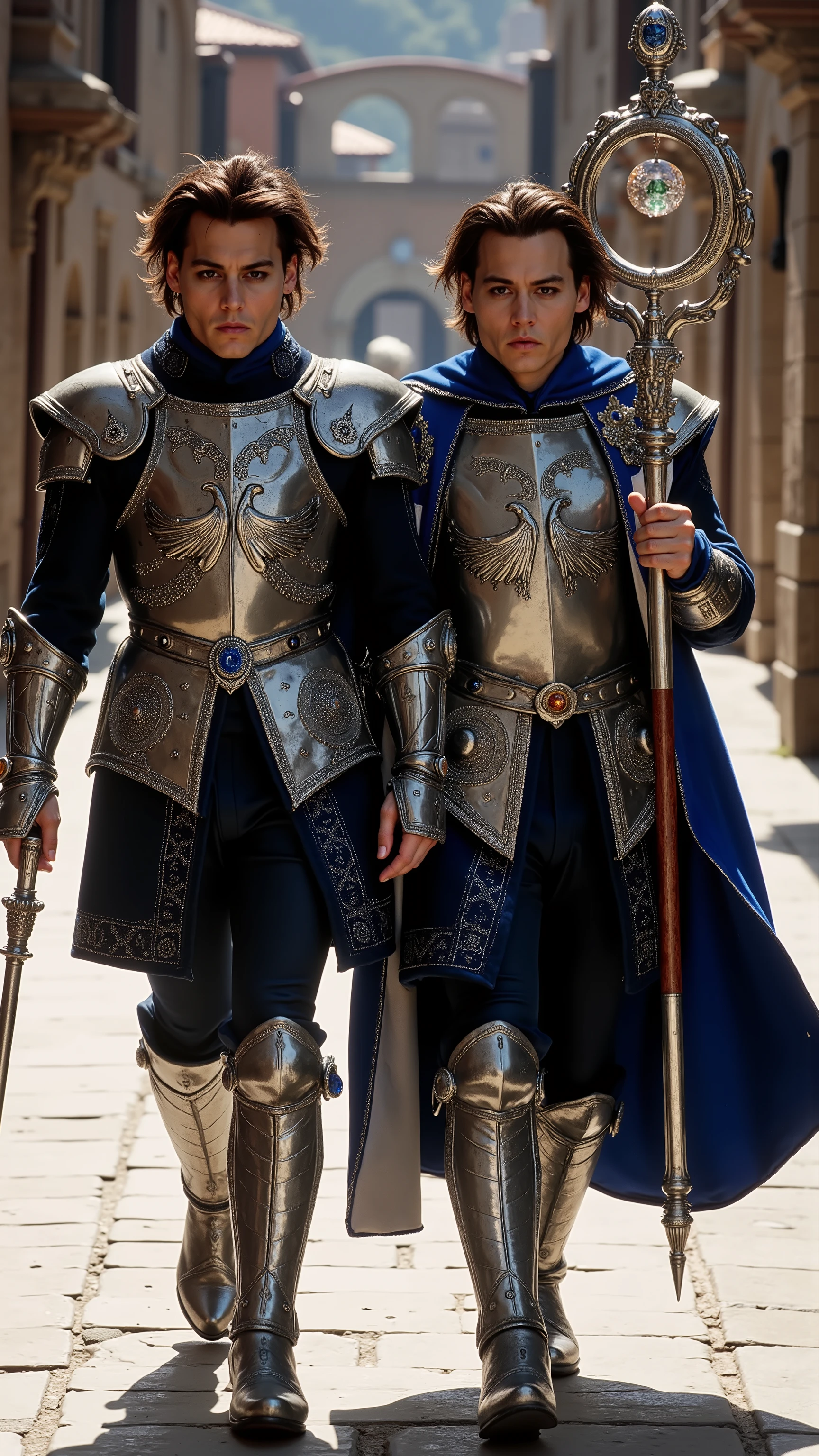 Two absolutely the same Johnny Depps reimagined as a human-Gemini hybrid walking and holding silver staffs、dramatic atmosphere, 1 male、
medium-length, tousled dark hair, expressive dark eyes, and sharp facial features.
They wear ultra-luxurious armor crafted from polished silver and cobalt blue metal, adorned with intricate engravings of twin symbols, mirrored patterns, and celestial motifs. Their breastplate features a central motif of two intertwined figures surrounded by detailed etchings of stars and geometric designs. The pauldrons are asymmetrical, with one shaped like a wing and the other like a mirror, edged with platinum and adorned with sapphire and aquamarine gemstones. A two-toned velvet cloak, one side deep blue and the other white, is embroidered with silver twin symbols and zodiac designs. The cloak is fastened by a brooch shaped like the Gemini symbol. surrounded by mirrored silver rings. Their gauntlets and boots have mirrored designs, combining silver metalwork with clear crystal inlays that reflect light from different angles.
In their hands, they hold magnificent silver staffs, their shafts wrapped in dual patterns of flowing lines and sharp angles. The staff is crowned with a crystal orb encased in twin metal rings, each decorated with mirrored designs and small sapphire stones.
Shows his male character's full figure, athletic body, perfect face, full body, extremely beautiful, male shape, and perfect anatomy.The background features a medival cityscape with old buildings and stone pathways. The ground is paved with smooth stones. The sunny day, photorealistic, masterpiece, realistic, high contrast, 8k, HD, high definition detailed, detailed, hyper detailed, realistic skin texture, best quality, ultra high resolution, hyper realistic, no text, very detailed eyes, dramatic lighting