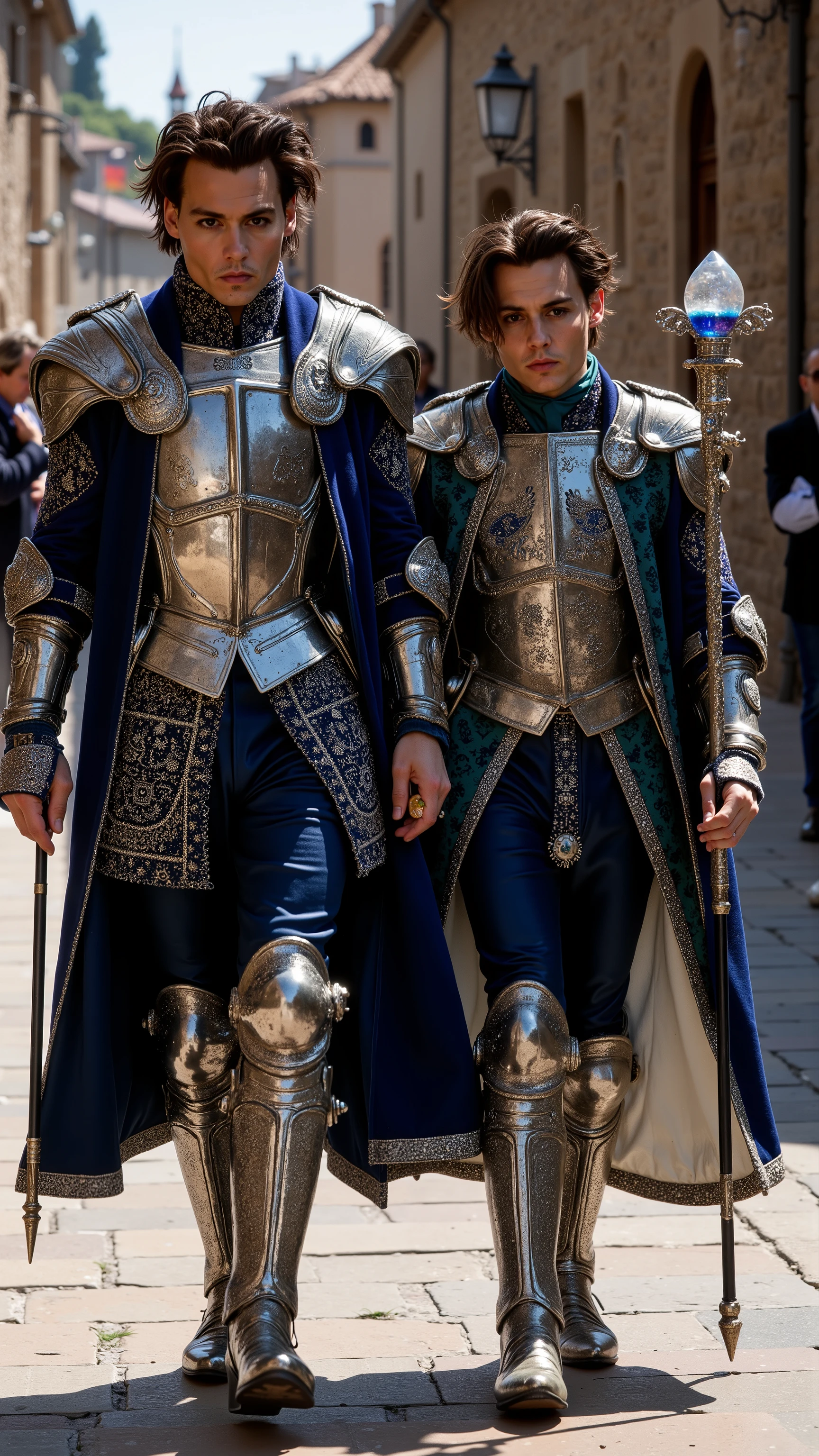 Two absolutely the same Johnny Depps reimagined as a human-Gemini hybrid walking and holding silver staffs、dramatic atmosphere, 1 male、
medium-length, tousled dark hair, expressive dark eyes, and sharp facial features.
They wear ultra-luxurious armor crafted from polished silver and cobalt blue metal, adorned with intricate engravings of twin symbols, mirrored patterns, and celestial motifs. Their breastplate features a central motif of two intertwined figures surrounded by detailed etchings of stars and geometric designs. The pauldrons are asymmetrical, with one shaped like a wing and the other like a mirror, edged with platinum and adorned with sapphire and aquamarine gemstones. A two-toned velvet cloak, one side deep blue and the other white, is embroidered with silver twin symbols and zodiac designs. The cloak is fastened by a brooch shaped like the Gemini symbol. surrounded by mirrored silver rings. Their gauntlets and boots have mirrored designs, combining silver metalwork with clear crystal inlays that reflect light from different angles.
In their hands, they hold magnificent silver staffs, their shafts wrapped in dual patterns of flowing lines and sharp angles. The staff is crowned with a crystal orb encased in twin metal rings, each decorated with mirrored designs and small sapphire stones.
Shows his male character's full figure, athletic body, perfect face, full body, extremely beautiful, male shape, and perfect anatomy.The background features a medival cityscape with old buildings and stone pathways. The ground is paved with smooth stones. The sunny day, photorealistic, masterpiece, realistic, high contrast, 8k, HD, high definition detailed, detailed, hyper detailed, realistic skin texture, best quality, ultra high resolution, hyper realistic, no text, very detailed eyes, dramatic lighting