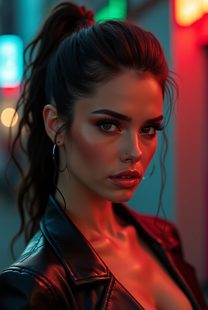 (Best Quality,4k,8k,High resolution,masterpiece:1.2),ultra detailed,(realist,photorealist,fotorrealista:1.37),1 girl,hip-hop style suit,High ponytail,incredibly long hair,cowgirl pose,looking at the viewer,Leaning forward,by Santiago Caruso,by Mike Azevedo,detailed eyes,detailed lips,extremely detailed face,long eyelashes,dynamic pose,striking,vibrant colors,warm lighting.