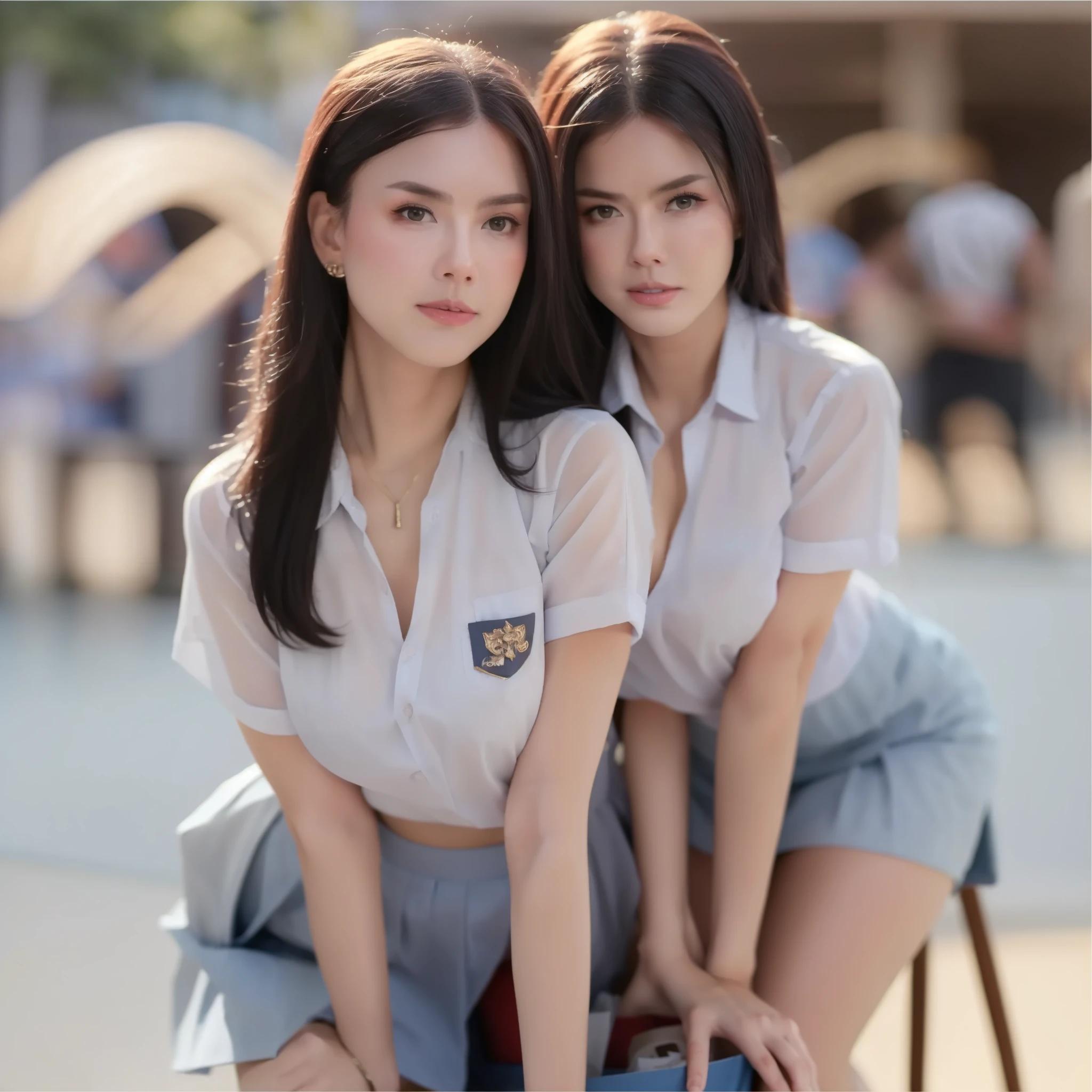 deux femmes ensemble de 18 ans sexy et mince , white short sleeve checkered shirt , jambe visible , se touche,salle de classe,position sensuel,short en jean