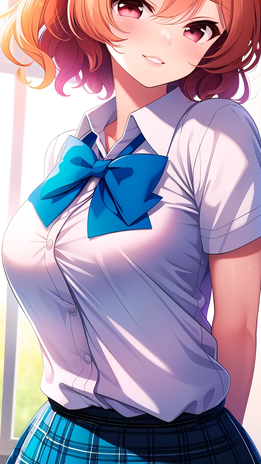 ( masterpiece, top quality), very detailed background, perfect lighting, top quality, (upper body close-up angle:1.5), (arms behind back:1.6), Tomura Michiru, Alone, indoors, school classroom from below, orange hair, One side up, pink hair bobble, hair between their eyes, short hair, red eyes, medium boobs, (Blue Bowtie:1.3), white shirt, Short sleeve, blue skirt, plaid skirt、white thin thighs,、pussy sticking out, Glossy、 school uniform, grinning、blush, pink lips,
