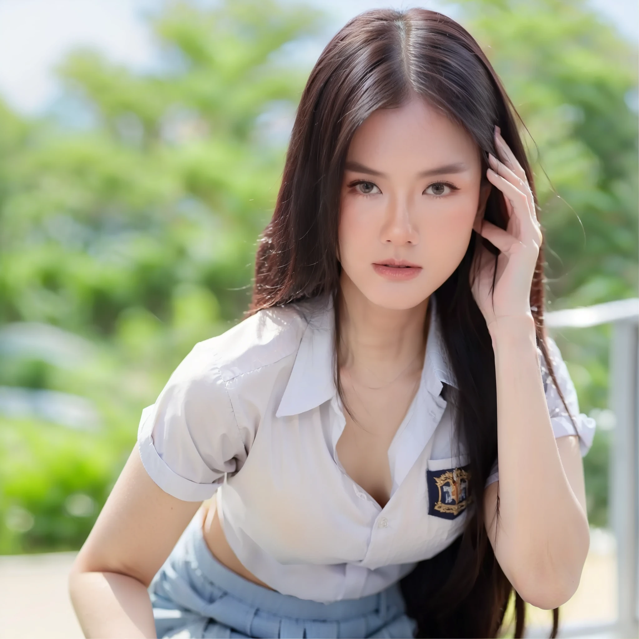 1girl, solo, (uniform), sits on something, crowded shopping mall, detailed Metropolitan city at the background, portrait, thick , semi-curvy body, smooth realistic skin, cute smirk, white shirt, grey blue short skirt, looking at the audience, high angle shot,(8k, RAW photo, best quality, masterpiece: 1.3), (realistic, realistic: 1.37), ultra-high resolution, cowboy shot
