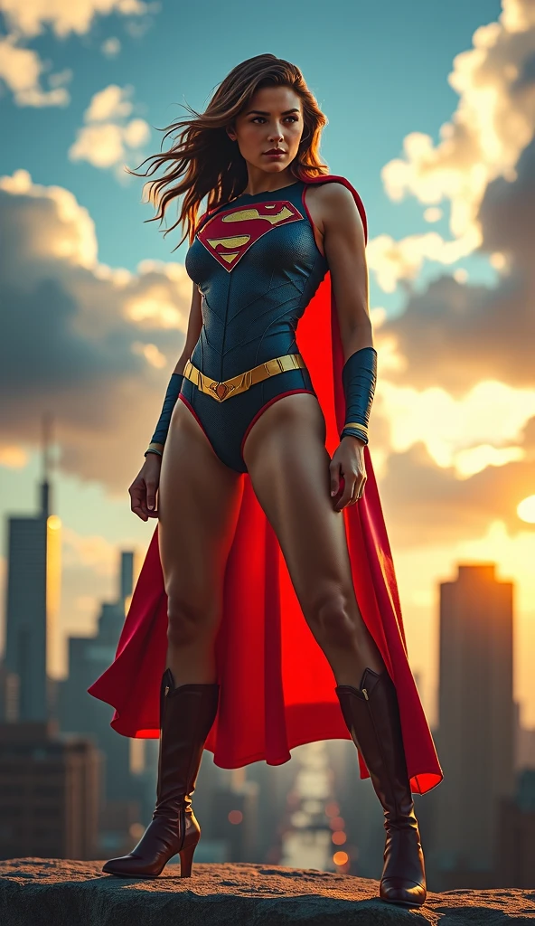 Wonder woman sobrevolando la ciudad, semidesnuda, traje iconico sexy espectacular con capa, logo de wonder woman en la capa, very sexy small clothes, ornate golden wristbands, botas rojas con dorado adornadas, el viento levanta su capa, joven, cuerpo muy delgado, super skynny body, small and beautiful buttocks, abdomen tonificado, I can see her beautiful and perfect small breasts, escote amplio, piernas hermosas, manos perfectas, intelligent, heroic, light particles surround your body, poder resplandeciente, obscena, super powerful, sensual, ella esta volando y observa la ciudad desde el cielo, metropolis city, se observa la luna grande en el fondo,mirada sensual, ojos hermosos,long hair, classic hairstyle,Hair dyed in bright blonde color, Best quality,8K,A high resolution,Masterpiece,Ultra detailed,Realistic, Photorealistic,photo realistic