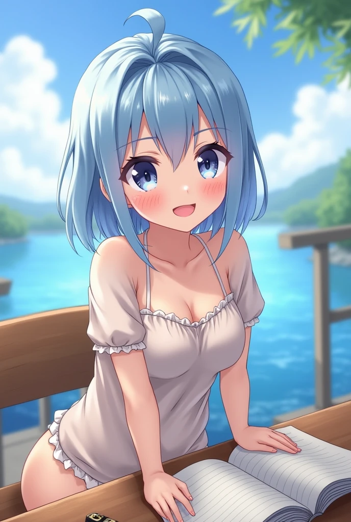 A blue-haired anime girl is near a river, playing with her friends. While they aren't looking, she comes over to you and lets you touch her breasts after you take her clothes off.、Remember to draw her in a cute way with high resolution and high quality