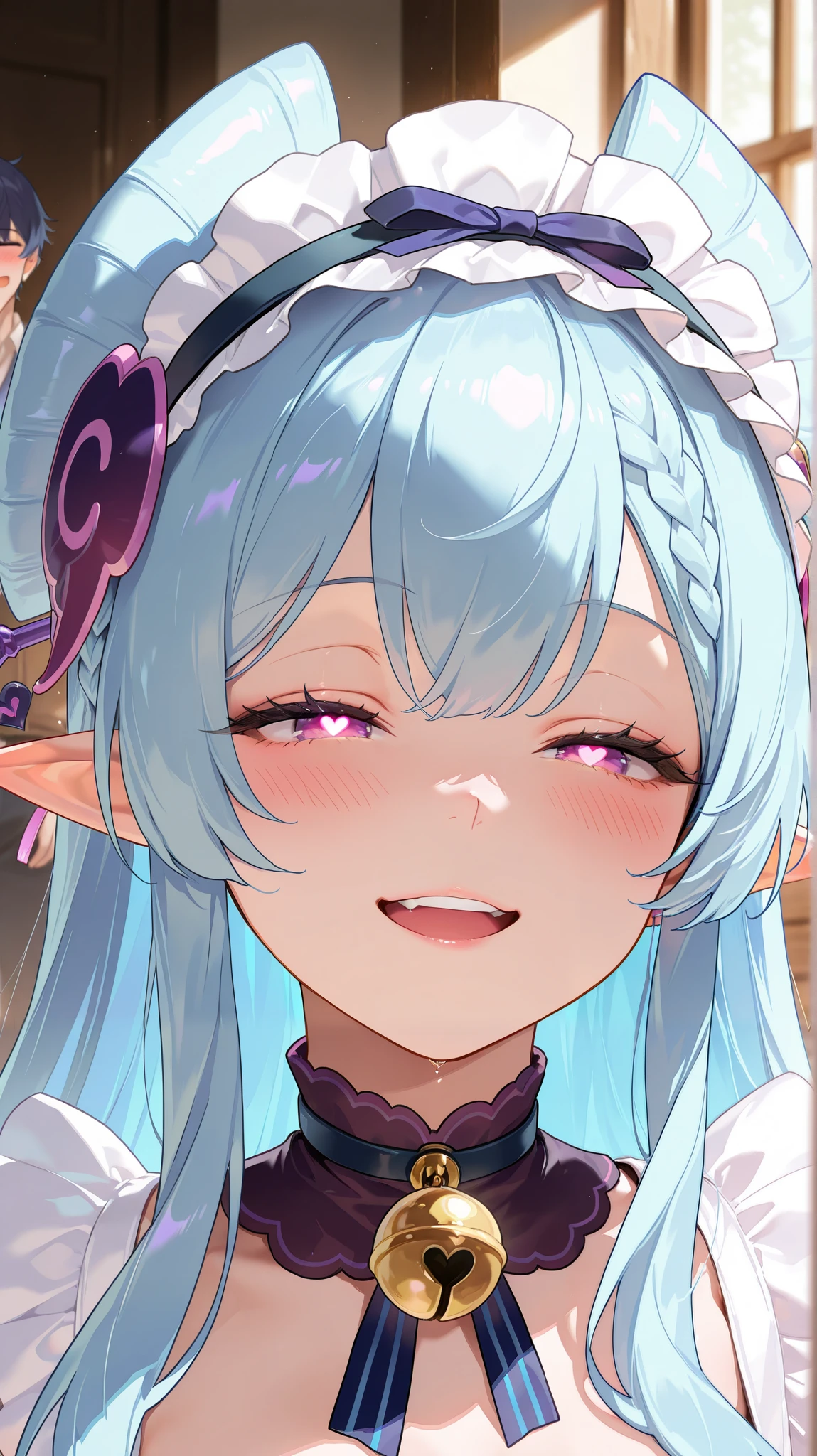 masterpiece, top quality, best quality, official art, beautiful and aesthetic:1.2),(8k, best quality, masterpiece:1.2), (((masterpiece))),(((best quality))),(((extremely detailed))), illustration, who, (masterpiece, top quality, best quality, official art, beautiful and aesthetic:1.2),(8k, best quality, masterpiece:1.2), 1girl, yumemizuki mizuki, purple eyes, blue hair, hairband,pointy ears, frilled hairband, 1girl, pointy ears, 1boy, blue hair, blush, heart, heart-shaped pupils, symbol-shaped pupils, purple eyes, long hair, open mouth, bell, light blue hair, hair ornament, smile, solo focus, portrait, half-closed eyes, teeth, neck bell, hetero, upper teeth only, maid headdress, braid