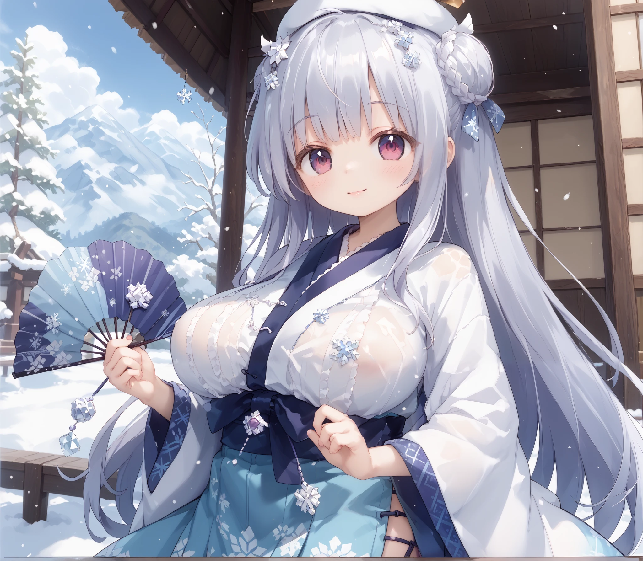 1 girl、white retro modern kimono、 Snowflake decoration on kimono、long straight gray hair、 hair down、white flower and snowflake hair ornament、Sister、Soft and fluffy、Gentle、 adorable by design、cute、Big Breasts、holding a blue fan in their hands、with snow falling on the background、, Thin、Dress length 、Japanese style background、