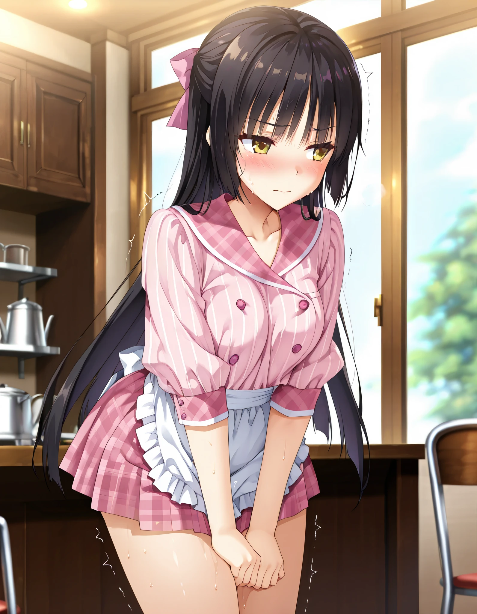 ( masterpiece, TOP QUALITY ), so beautiful, absurd, Extremely Detailed CG Unity 8k Wallpaper,
one girl , anime style 4k ,High Quality Anime Art Style Familiar with Digital Animation Art , Anime Art Wallpaper 8K , allows depth of field , perfect hands with full nudity, great references, 5_reference, 4_reference,1_ Parent reference ,
shiki natsume, Cafe Stella to Shinigami no Chou, Muririn,
very long hair, black hair, hair bow, bangs, blunt ends, yellow eyes, mole under eye,
waitress, pink shirt, striped shirt, vertical stripes, plaid sailor collar, Pink miniskirt, pleated skirt, pink plaid skirt, thighs, long sleeves, puffy sleeves, waist apron,
look away、
( trembling、blush、sweat:1.5)、steam、Wet crotch、
lean forward、
cafe terrace 、