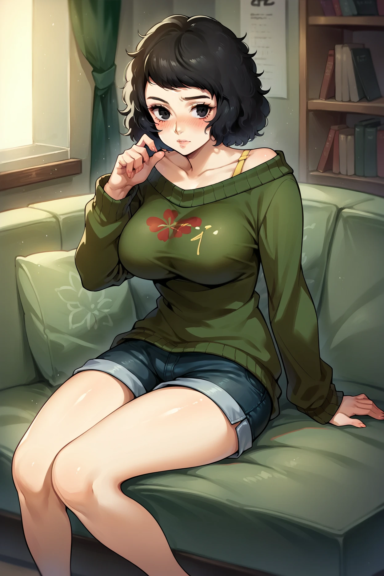((super high quality,))((Ultra-high resolution,))(16K,)(super masterpiece,)((Ultra HD ,))(Detailed shading,)Full body photo,One sexy woman,Brown short hair bouncing out,popped Tight collar Yellow shirts,Unbutton your shirt down to your chest,Long sleeve,Cleavage,Black tight skirt,Crescent-shaped earrings,Crescent Necklace,Ecstatic smile,blush,Sweaty,(((Lying in bed:1.8,Put your hands on your ??????,)))Spread your legs,?????,