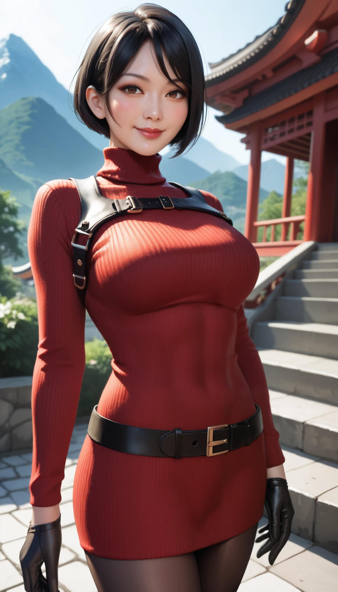 adasweater, sexy, mature, sexy pose, black hair, short hair, black eyes, red sweater, turtleneck, harness, pantyhose, black gloves, belt, china, east asian architecture, outdoors, stairs, mountainous horizon, standing, smile, blush, looking at viewer