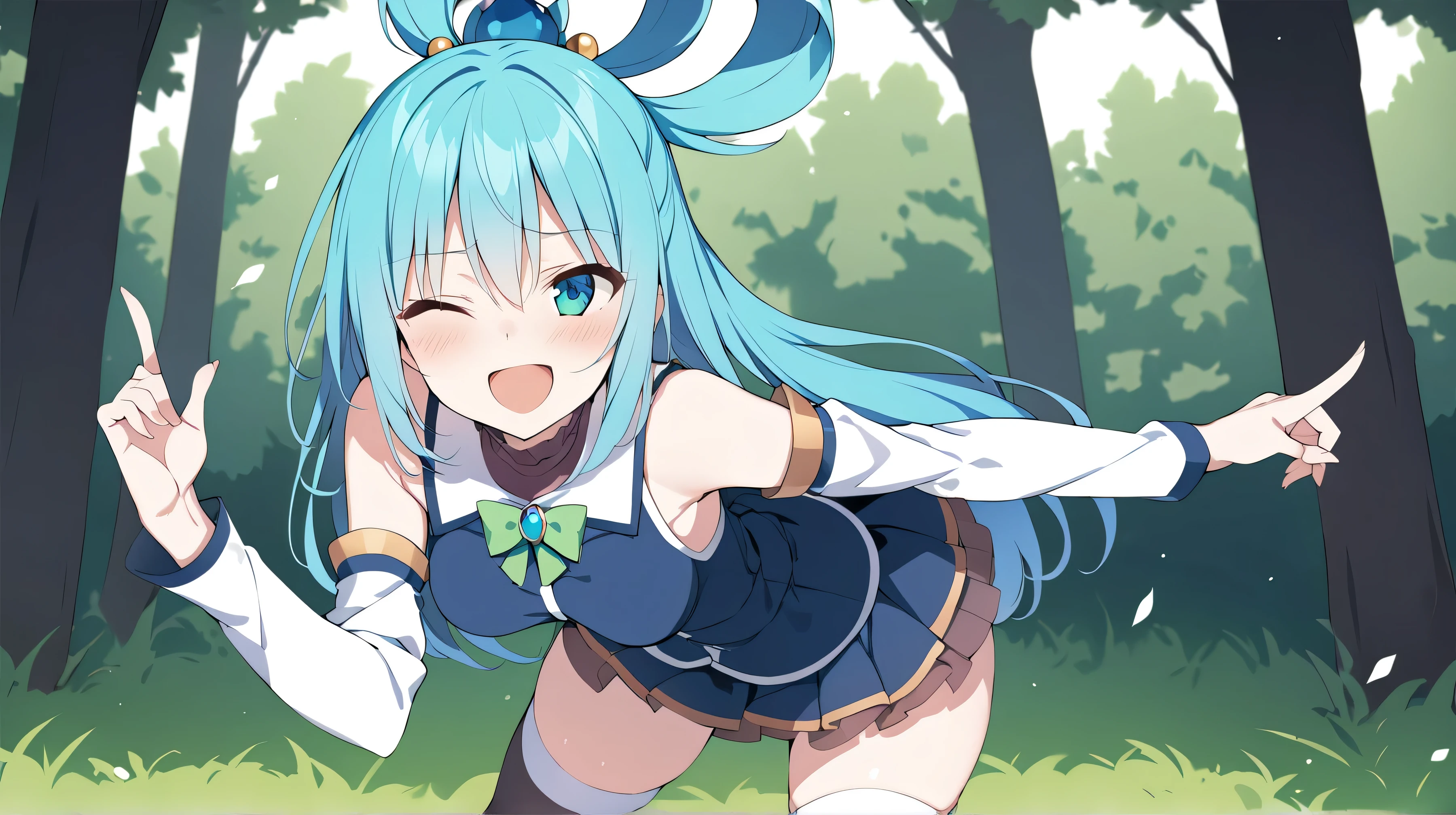 8k, highres, novel illustration, best quality, masterpiece, highly detailed, 1girl, solo focus, milf, medium breasts, ksaqua, hair rings, blue shirt, green bow, detached sleeves, skirt, thighhighs, bare shoulders, upper body focus, {{standing}}, dynamic pose, finger wag, pretty happy expression, winking, open mouth, looking at you, {{outdoor open field with slight amount of trees background}}