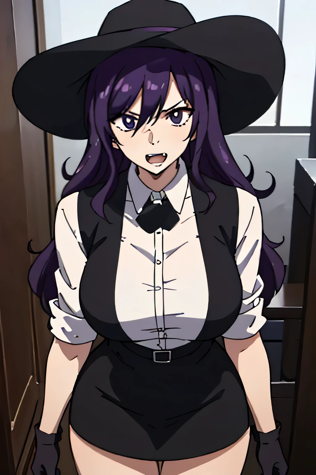 27 year old woman, tall and big body, wearing white shirt, wearing black short skirt, wearing black wide brim hat, purple hair color, slightly curly hair, has fangs, criminal, , two buttons of shirt open, psychopath, wearing black gloves, facing forward