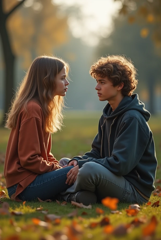 A girl is crying and a boy is comforting her., They are both sitting., The girl has brown hair and the boy has wavy hair., They are lightly hugging, both are 20 years old.