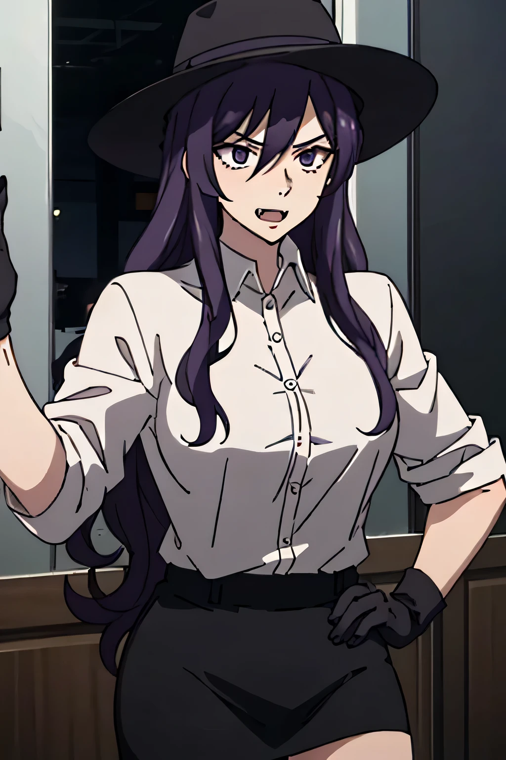 27 year old woman, tall and big body, wearing white shirt, wearing black short skirt, wearing black wide brim hat, purple hair color, slightly curly hair, has fangs, criminal, sexy, two buttons of shirt open, psychopath, wearing black gloves, facing forward