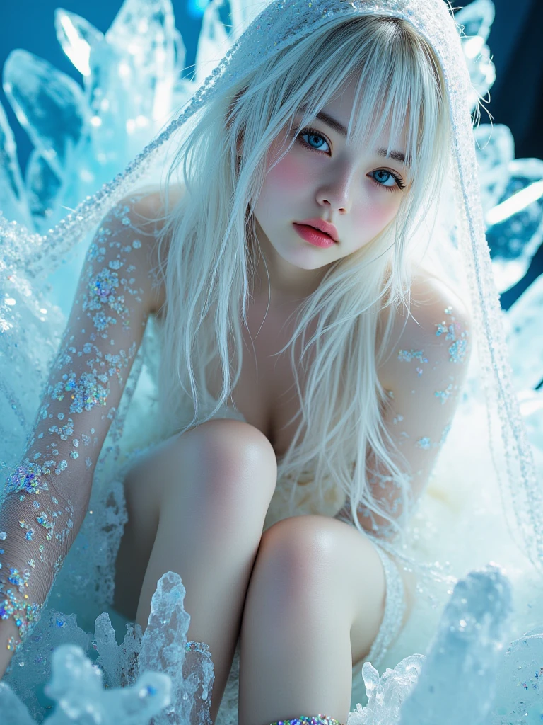 10-year-old girl、1 person、Baby Face、whole body、sit、Beautiful thighs、Classmate、whole bodyの写真、Naked and Gemstone、Cover your chest with your hands、Small breasts、Small breasts、smile、bangs、Long Hair、(Silver Hair、Crystal clear hair、Smooth Hair:1.5)、Sexy pose、The light illuminates my hair、Light Hair、Silky Hair、Shiny Hair、Slim body、RAW Photos, (Highest quality、masterpiece、Realistic photo:1.2)、Dramatic lighting、Bright lighting、Super detailed、Realistic skin texture、Beautiful eyes in every detail、Blue colored eyes、land of snow、Snow is piled up、Fantasy World、(Detailed Background、Depth of written boundary:1.2)、