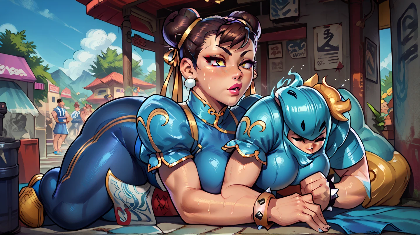 Ultra 3D Futa lady dimitrescu long white long hair with a big hard dick fucking curvy chun li in tight long latex dress, lady dimitrescu fucking chun li in sofa, detailed ultra 3D expressing intense pain and pleasure in her eyes. Fully detailed ultra 3D 100k fully detailed, realistic face with fully detailed