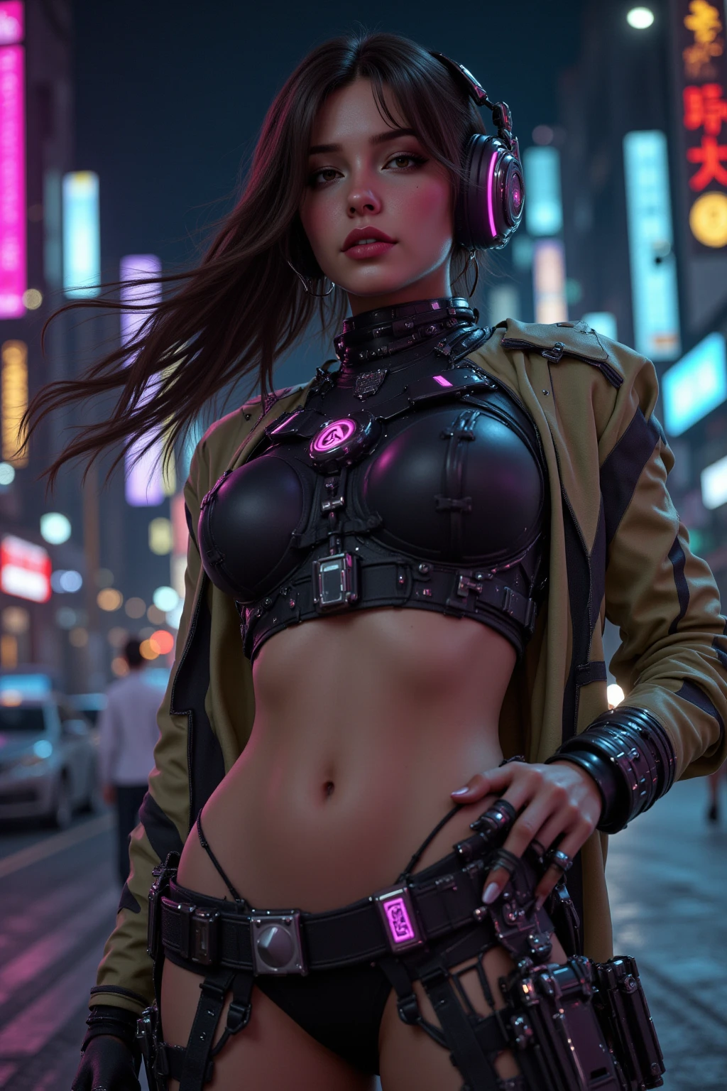 ((masterpiece, best quality, detailed)), (best quality, masterpiece:1.4), 8k, highres, highly detailed, intricate detail, volumetric lighting, night time lighting,[perfect shadows and lighting],photorealistic, Exquisite details and textures,anime 3d,unreal engine 5 render,sfw,(1girl,MeganRainQuiron woman,horizontal photo,(cyberpunk,(cyberpunk fashion),super sexy panties,bra,horizontal pose,multi color hair:1.2),alluring smile, cheekbones, detailed face,detailed perfect eyes, solo, red hair, censored,horizontal photo, hiding hands, city lights,cyberpunk cityscape, full moon, jewelry, lips, lipstick, looking at viewer, looking back,standing alluringly, makeup,on the roof , night sky, stars in the night sky, presenting, pubic hair,cyberpunk city skyscrapers, solo, Ellegance， magical dream， cover art, dreamy