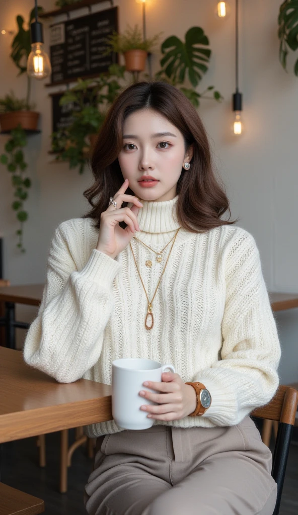1girl, (ultra detailed:1.3), (realistic lighting:1.2), (cinematic composition:1.3), (cozy indoor setting:1.3), (modern luxury interior:1.2), (warm ambient lighting:1.3), (soft shadows:1.2), (elegant atmosphere:1.2), Korean-inspired beauty, mid-20s, slim figure, delicate bone structure, porcelain skin with dewy finish, subtle rosy blush on cheeks, gradient lip tint (peach-coral tone), softly arched eyebrows, eyelashes with natural wispy extensions, honey-brown hair in loose shoulder-length waves (light caramel highlights at the ends), hair parted slightly to the side, oversized ivory cable-knit sweater (thick wool texture, visible knit stitches), dropped shoulders, loose turtleneck folded once to expose collarbone, high-waisted taupe wide-leg trousers (clean tailored lines, slight crease detailing), hem grazing the ankles, dainty 14k gold necklace with minimalist pendant (oval-shaped), matching thin bracelet on wrist, analog leather-strap watch (tan color), single gold ring on index finger, leaning against a reclaimed wood café table, both elbows resting gently on the surface, right hand cradling a white ceramic mug (subtle coffee steam rising), left hand brushing a stray hair behind the ear, weight shifted to left hip, legs crossed at the ankles, posture relaxed yet poised, gaze directed 45 degrees away from the camera (soft, contemplative expression), lips slightly parted, cinematic asymmetrical framing, shot from a low angle to emphasize verticality, warm golden-hour lighting streaming through a nearby window (soft diffused rays), accentuating the sweater’s texture and hair highlights, cozy rustic café ambiance (vintage wooden shelves with potted monstera plants, hanging Edison bulb pendants, blurred chalkboard menu), shallow depth of field (ƒ/1.8), bokeh effect on background elements, faint film-grain overlay for nostalgic texture, realistic fabric wrinkles on sweater sleeves (weighted drape), subtle pilling on wool surface.