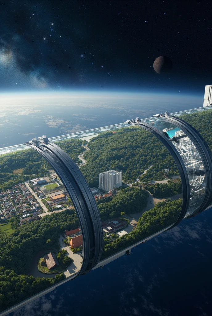 (masterpiece, top quality, shape, Fine Details, 8k:1.2),(Highly Detailed CG Unity 8k Wallpaper), (top quality), (best illustration), (shot by a professional photographer:1.2),(Best Shadow), has realistic lighting,a highly detailed and cinematic digital painting of a massive space colony floating in the vast expanse of space, inspired by the O’Neill Cylinder design seen in Gundam. The viewpoint is from an astronaut or observer floating in space, looking towards the colony’s exterior with its curved landmasses visible through the transparent sections of the cylinder. Inside the colony, there are thriving cities, lush green landscapes, and winding rivers, illuminated by artificial sunlight. The architecture blends futuristic skyscrapers with traditional suburban homes, emphasizing a harmonious coexistence between advanced technology and human comfort. Beyond the colony, the infinite universe stretches outward, filled with countless shimmering stars and distant celestial bodies. The contrast between the emptiness of space and the vibrant, self-sustaining life within the colony creates a sense of wonder and admiration for human resilience and innovation. The composition should frame the colony as a symbol of hope and survival, showcasing the sheer scale and intricate design of the structure, while also making the viewer feel the isolation and beauty of deep space. The lighting should enhance the contrast between the illuminated interior and the dark, cold void beyond, evoking a feeling of awe and curiosity about life beyond Earth.