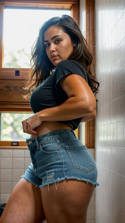 Close up of a beautiful young girl Latina brunette with long black hair, oval face and dark brown eyes, huge , small waist, big hips and butt wearing a tight bra and skin tight jean shorts, standing bathroom, having orgasm, grabbing breasts, beautifully lit, dramatic composition