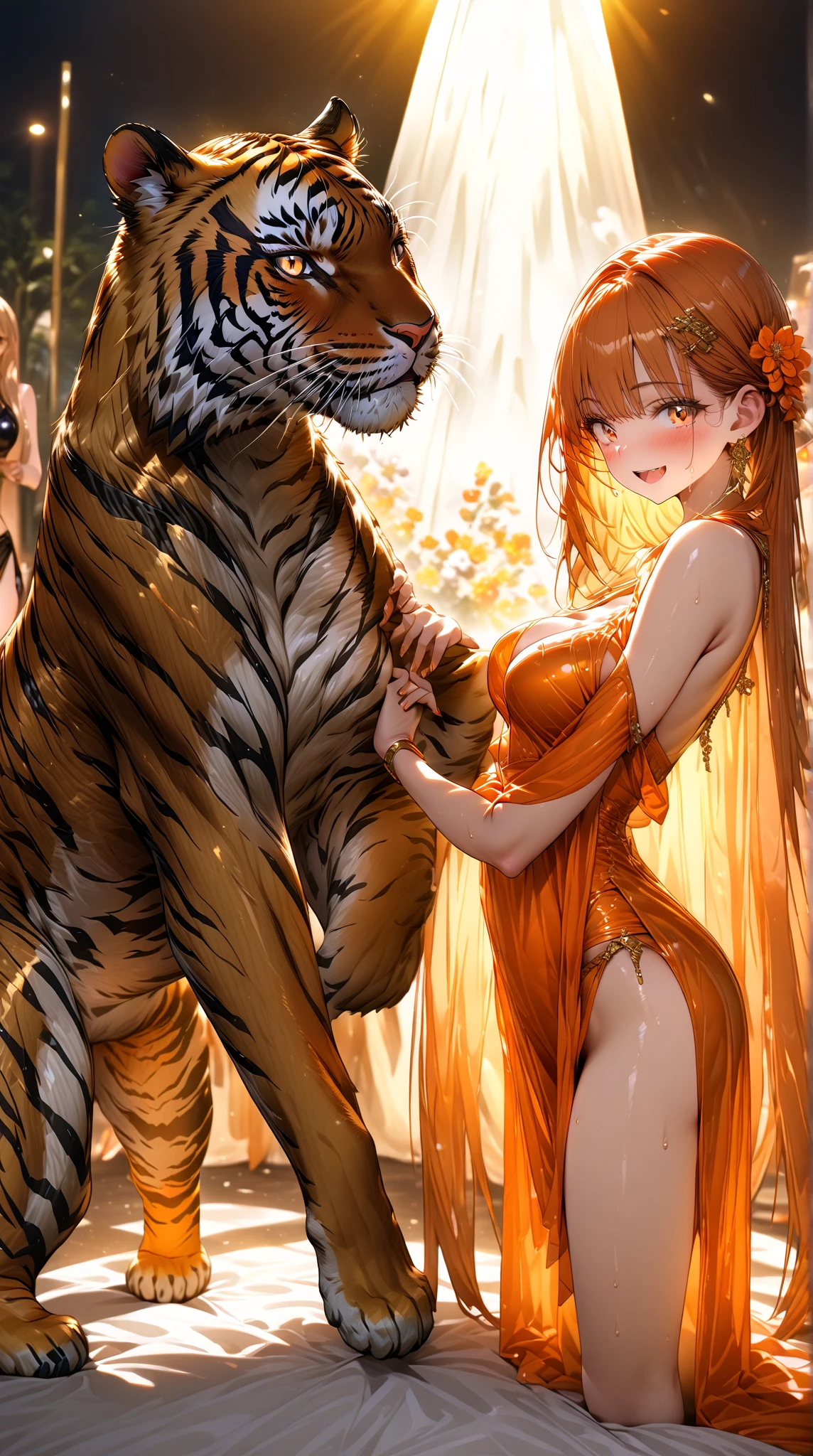 High resolution, Exposed breasts, Shortcuts, Brown Hair, Tiger-themed weapons, High resolution, accurate, Anatomically correct, 最high quality, detail, 高いdetail, high quality, Multiview, Exposed shoulders, Exposed Skin,