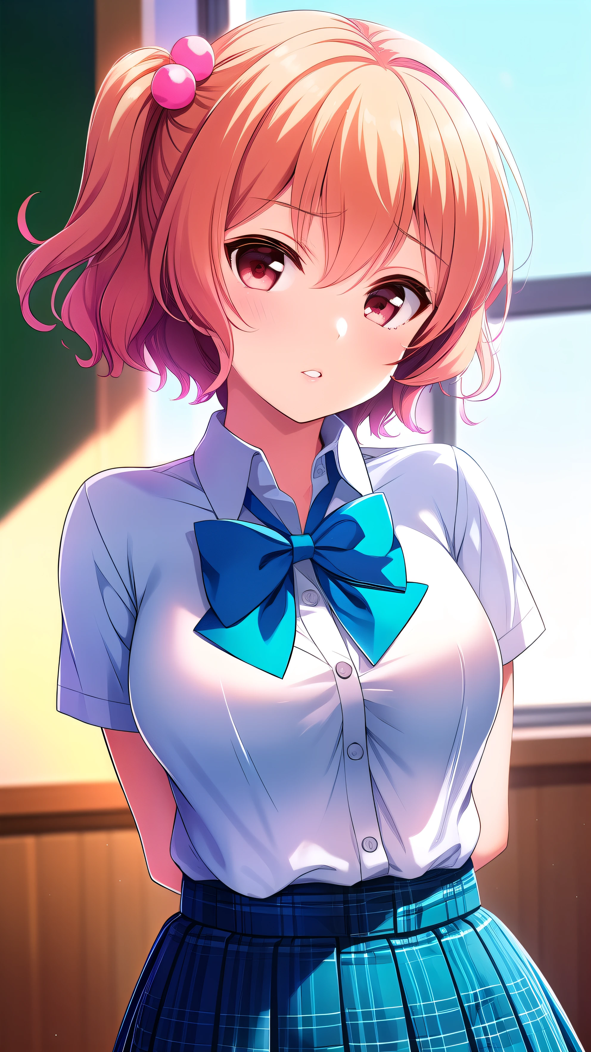 ( masterpiece, top quality), very detailed background, perfect lighting, top quality, (upper body close-up angle:1.3), (arms behind back:1.6), tTHEmura michiru, sTHElTHE, indoors, school classroom from below, (tilt your neck:1.3), orange hair, (One side up), ( pink hair bobble), hair between their eyes, short hair, red eyes, medium boobs, (Blue Bowtie:1.3), white shirt, Short sleeve, blue skirt, plaid skirt、white thin thighs,、pussy sticking out, Glossy、 school uniform, (:THE), pink lips,