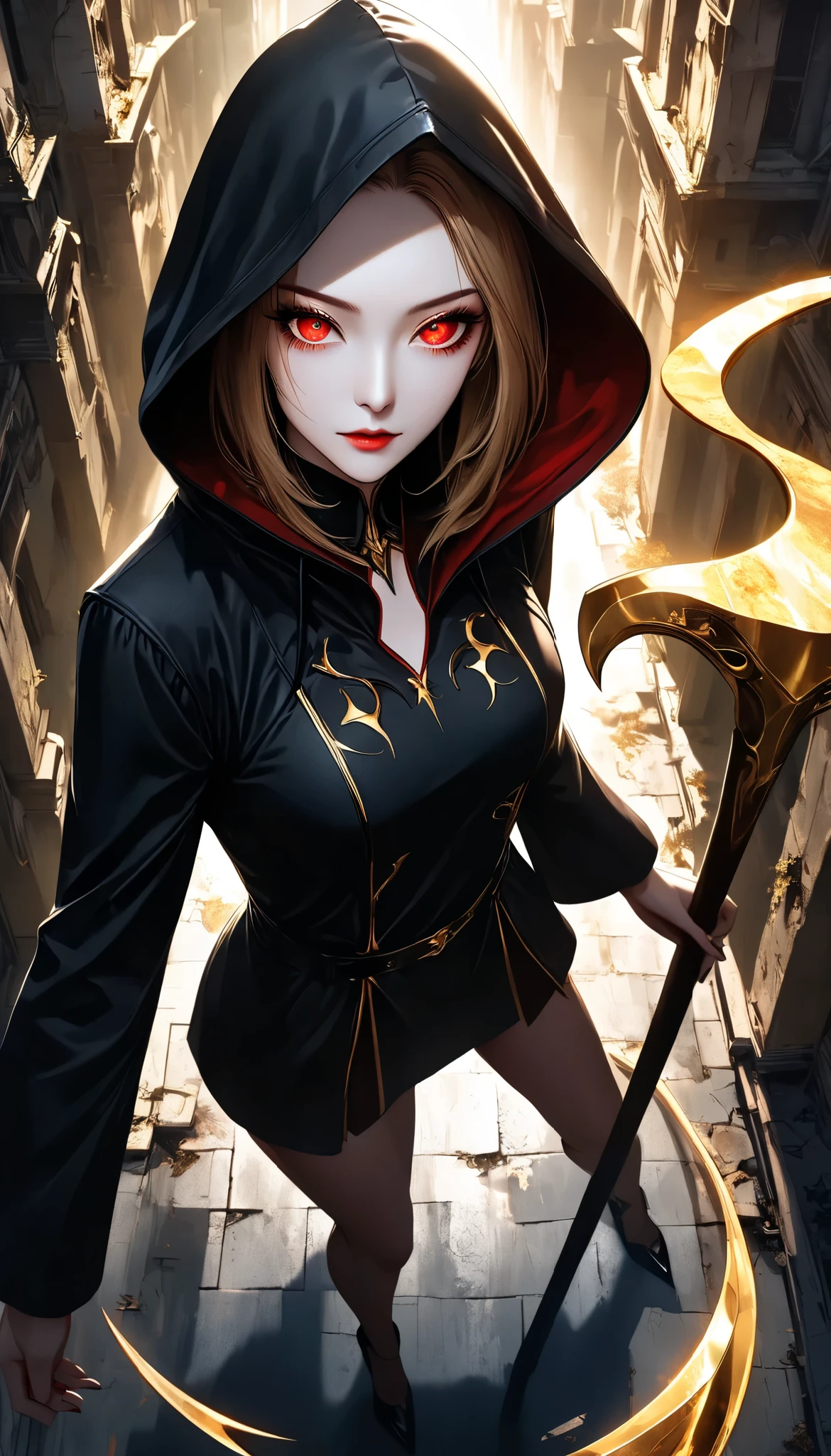 ((a woman with hollow eyes, Dynamic immersive portrait composition, from above:1.37), Alone, Detailed black robe, (beautiful detailed face, a seductive gaze that can be seen slightly through the hood,Clear red eyes, drop shadow on expression)),Weakness in contrast to, Slender Body, (A huge scythe held in the hand emits a golden glow,Sharp metallic reflections,shining slash), Non-glossy Glitter Effects and Glossy Reflections, Multiple Exposure, break (Transparent golden luminescent layer, assimilates into an abandoned city, The effect of connecting the subject and the demon world), The golden color of the dark that shines in the dark, takes you to the world of Yesen...
Precise and precise full body composition,from above,The perfect golden ratio, excellent balance between subject and margins, perfect beauty down to the smallest detail, Delicate and Vividly Expressed Subjects, sharp and clear line drawing, colorful textures full of realism, Extremely transparent, realistic texture, Finest workmanship,8K high resolution,photographer-style realistic finish,Professional Light and Shadow,brilliant and deep colors,dark gothic atmosphere,