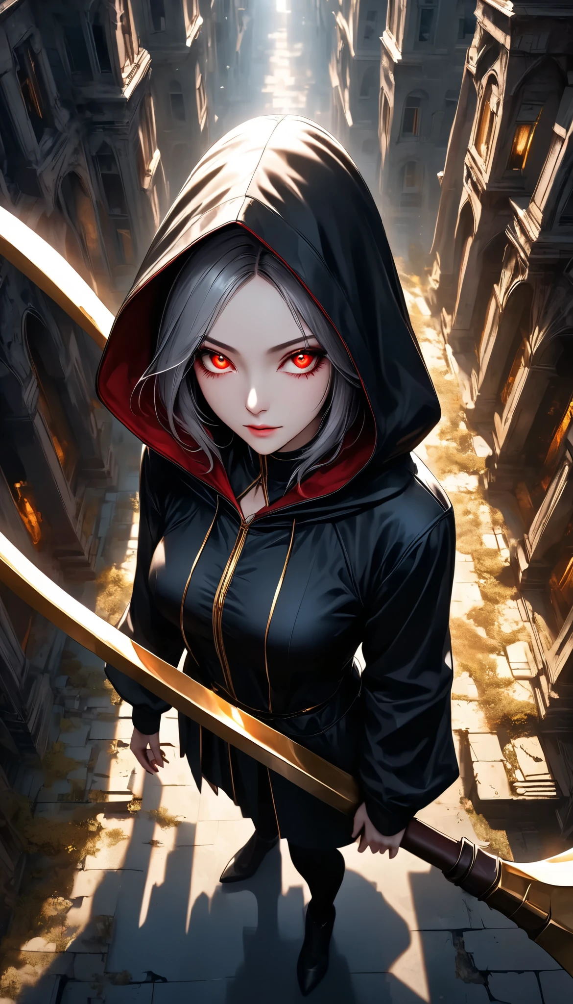 ((a woman with hollow eyes, Dynamic immersive portrait composition, from above:1.37), Alone, Detailed black robe, (beautiful detailed face, a seductive gaze that can be seen slightly through the hood,Clear red eyes, drop shadow on expression)),Weakness in contrast to, Slender Body, (A huge scythe held in the hand emits a golden glow,Sharp metallic reflections,shining slash), Non-glossy Glitter Effects and Glossy Reflections, Multiple Exposure, break (Transparent golden luminescent layer, assimilates into an abandoned city, The effect of connecting the subject and the demon world), The golden color of the dark that shines in the dark, takes you to the world of Yesen...
Precise and precise full body composition,from above,The perfect golden ratio, excellent balance between subject and margins, perfect beauty down to the smallest detail, Delicate and Vividly Expressed Subjects, sharp and clear line drawing, colorful textures full of realism, Extremely transparent, realistic texture, Finest workmanship,8K high resolution,photographer-style realistic finish,Professional Light and Shadow,brilliant and deep colors,dark gothic atmosphere,