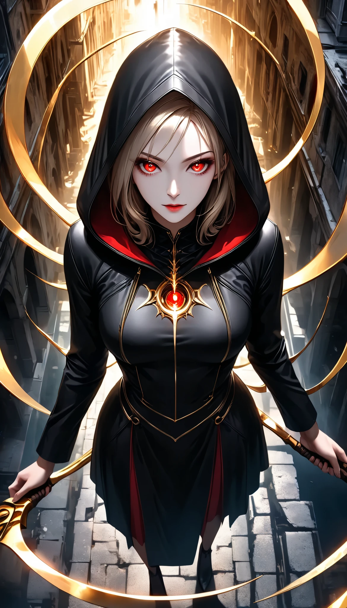 ((a woman with hollow eyes, Dynamic immersive portrait composition, from above:1.37), Alone, Detailed black robe, (beautiful detailed face, a seductive gaze that can be seen slightly through the hood,Clear red eyes, drop shadow on expression)),Weakness in contrast to, Slender Body, (A huge scythe held in the hand emits a golden glow,Sharp metallic reflections,shining slash), Non-glossy Glitter Effects and Glossy Reflections, Multiple Exposure, break (Transparent golden luminescent layer, assimilates into an abandoned city, The effect of connecting the subject and the demon world), The golden color of the dark that shines in the dark, takes you to the world of Yesen...
Precise and precise full body composition,from above,The perfect golden ratio, excellent balance between subject and margins, perfect beauty down to the smallest detail, Delicate and Vividly Expressed Subjects, sharp and clear line drawing, colorful textures full of realism, Extremely transparent, realistic texture, Finest workmanship,8K high resolution,photographer-style realistic finish,Professional Light and Shadow,brilliant and deep colors,dark gothic atmosphere,