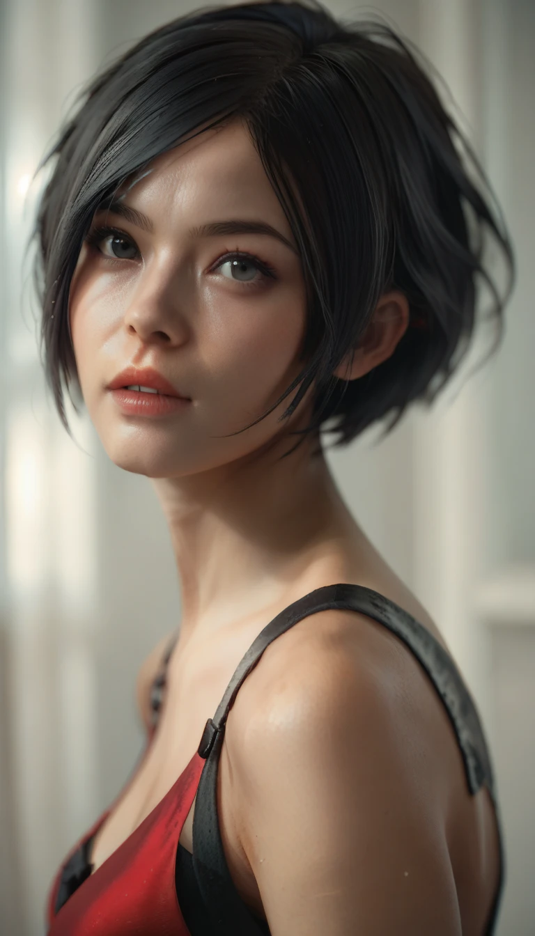 Beautiful [woman with raven black, pixie cut hairstyle] and sparks behind his, in the style of Alessio Albi, bokeh, [light white and dark orange], dotted, uhd image, serene faces